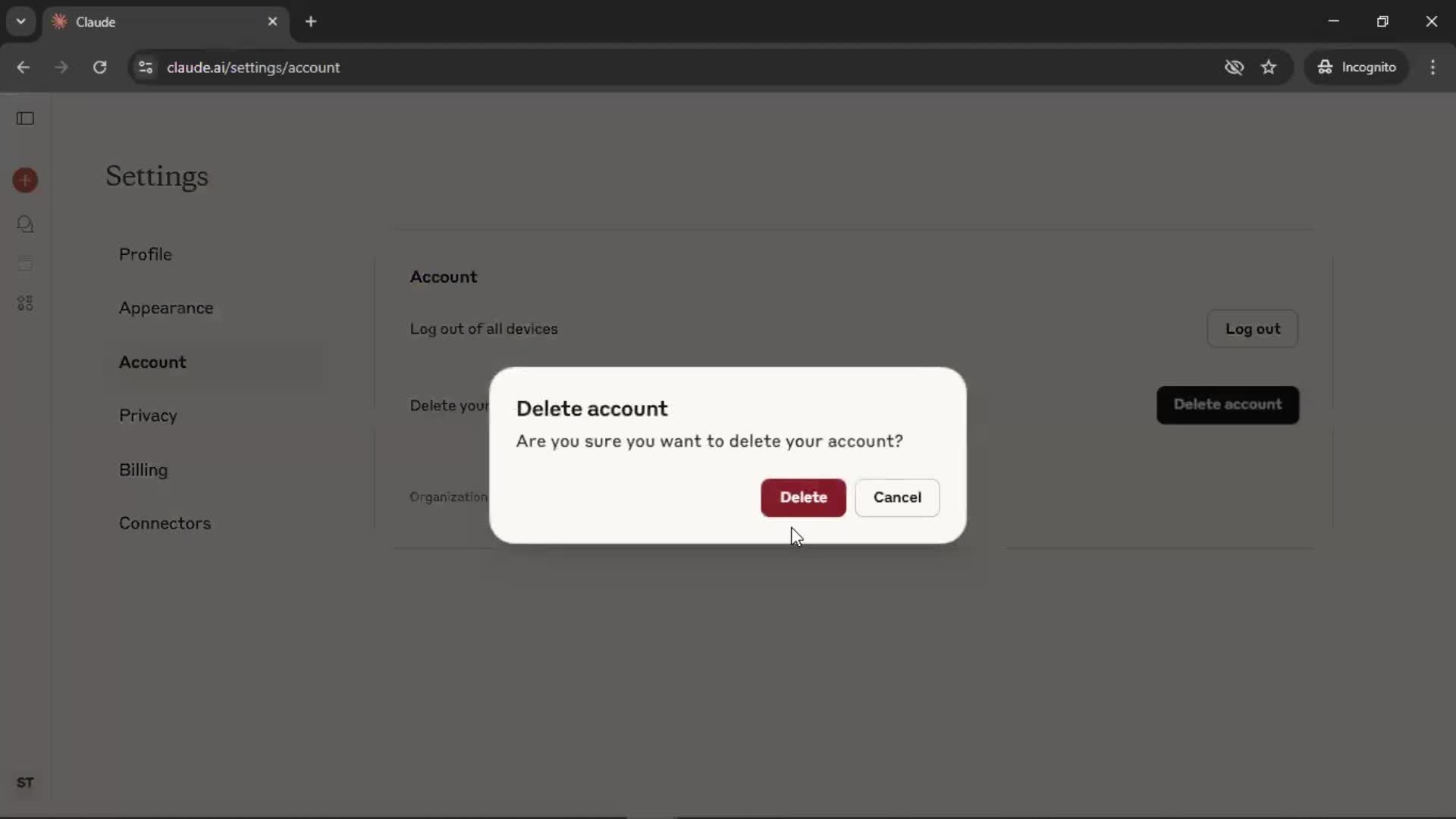 Deleting your account screenshot