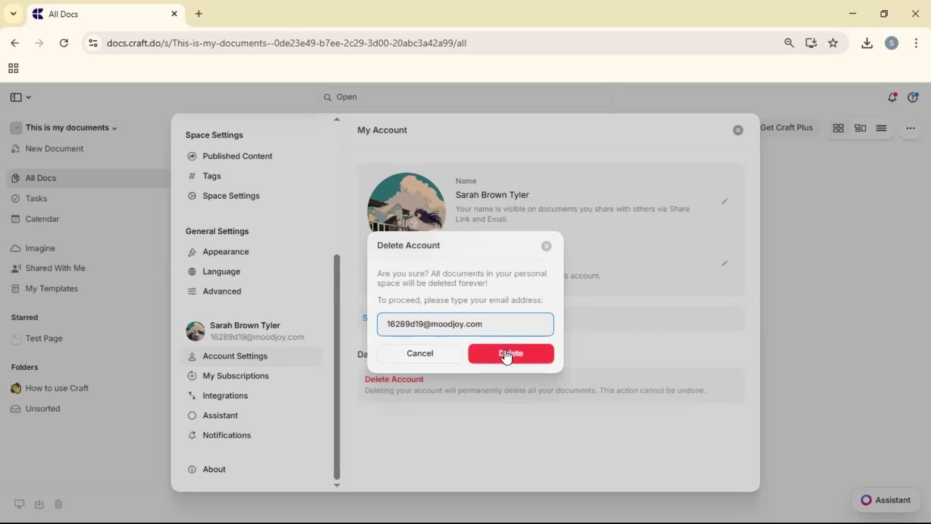 Deleting your account screenshot