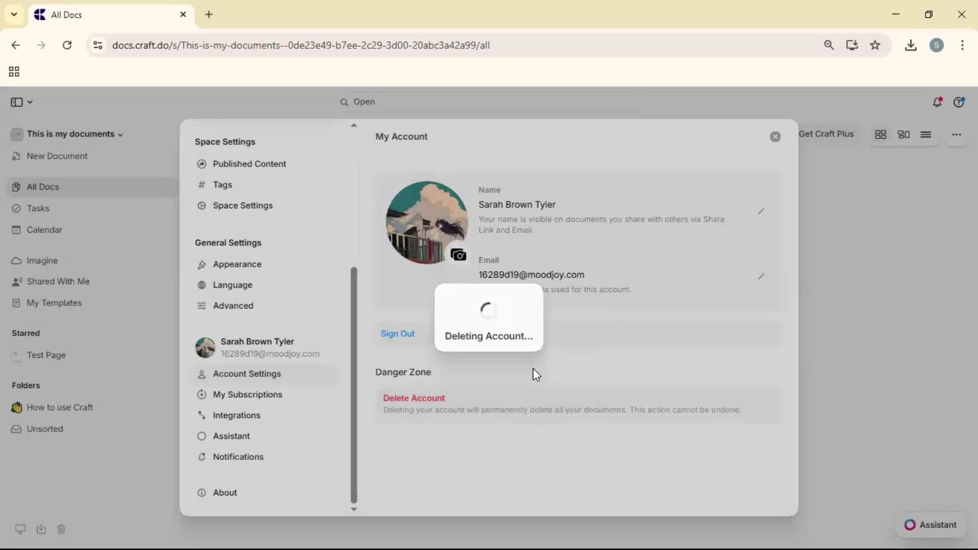 Deleting your account screenshot