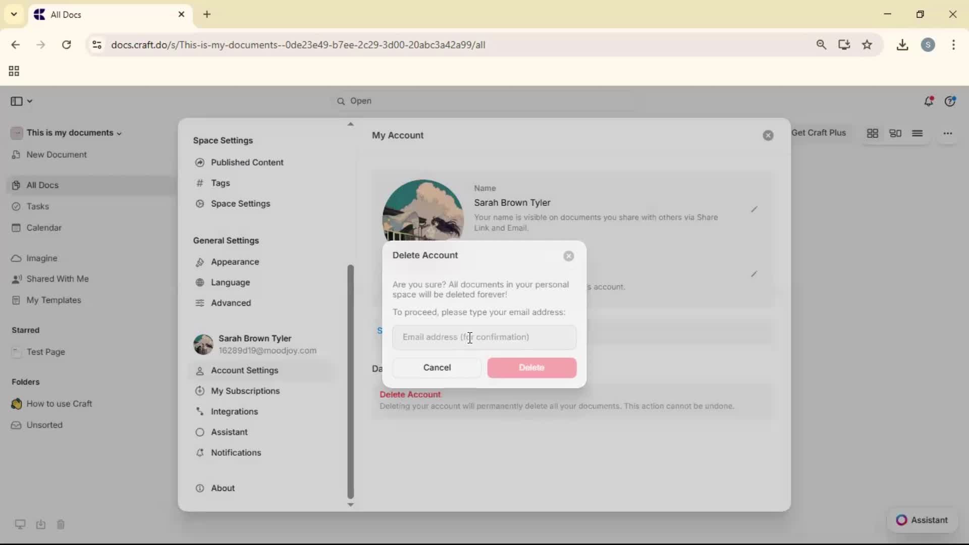 Deleting your account screenshot