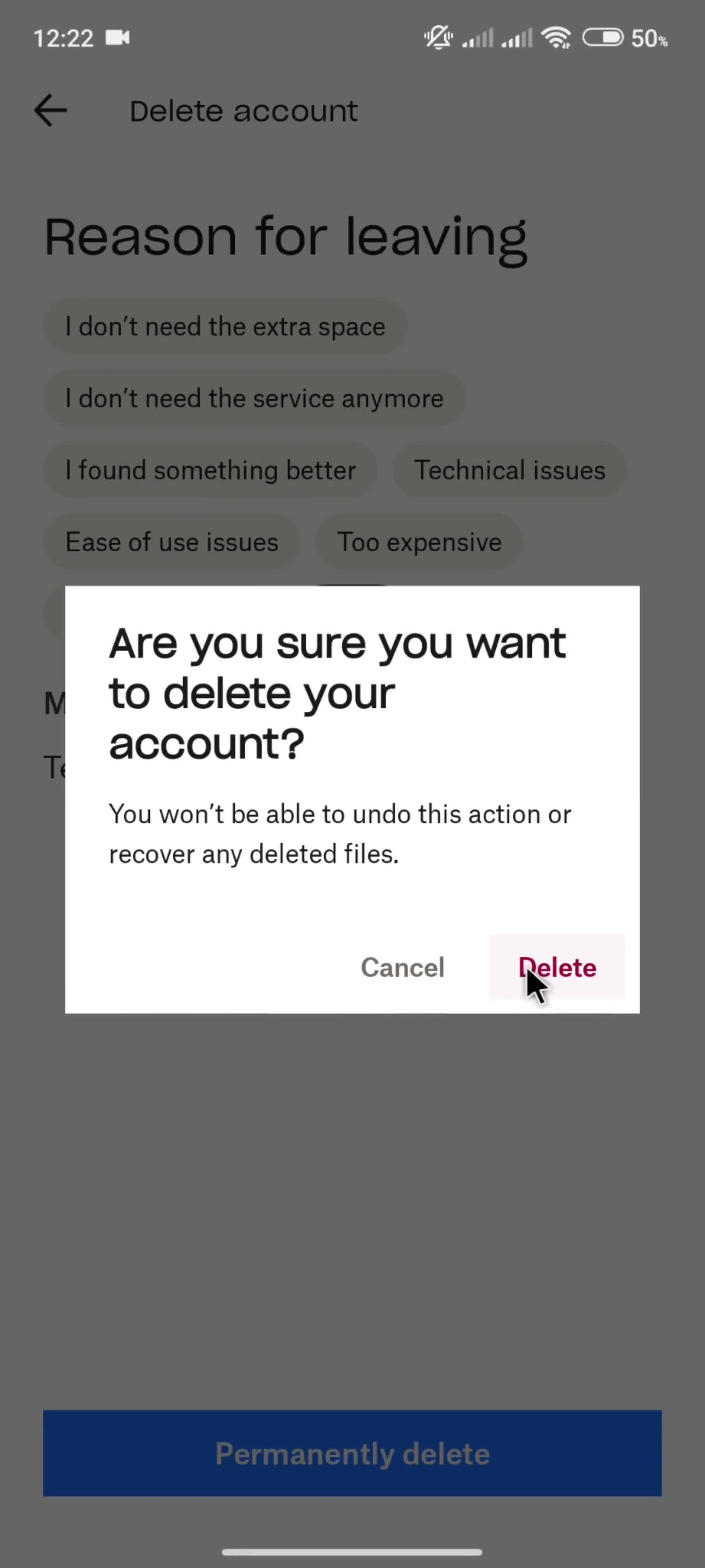 Deleting your account screenshot