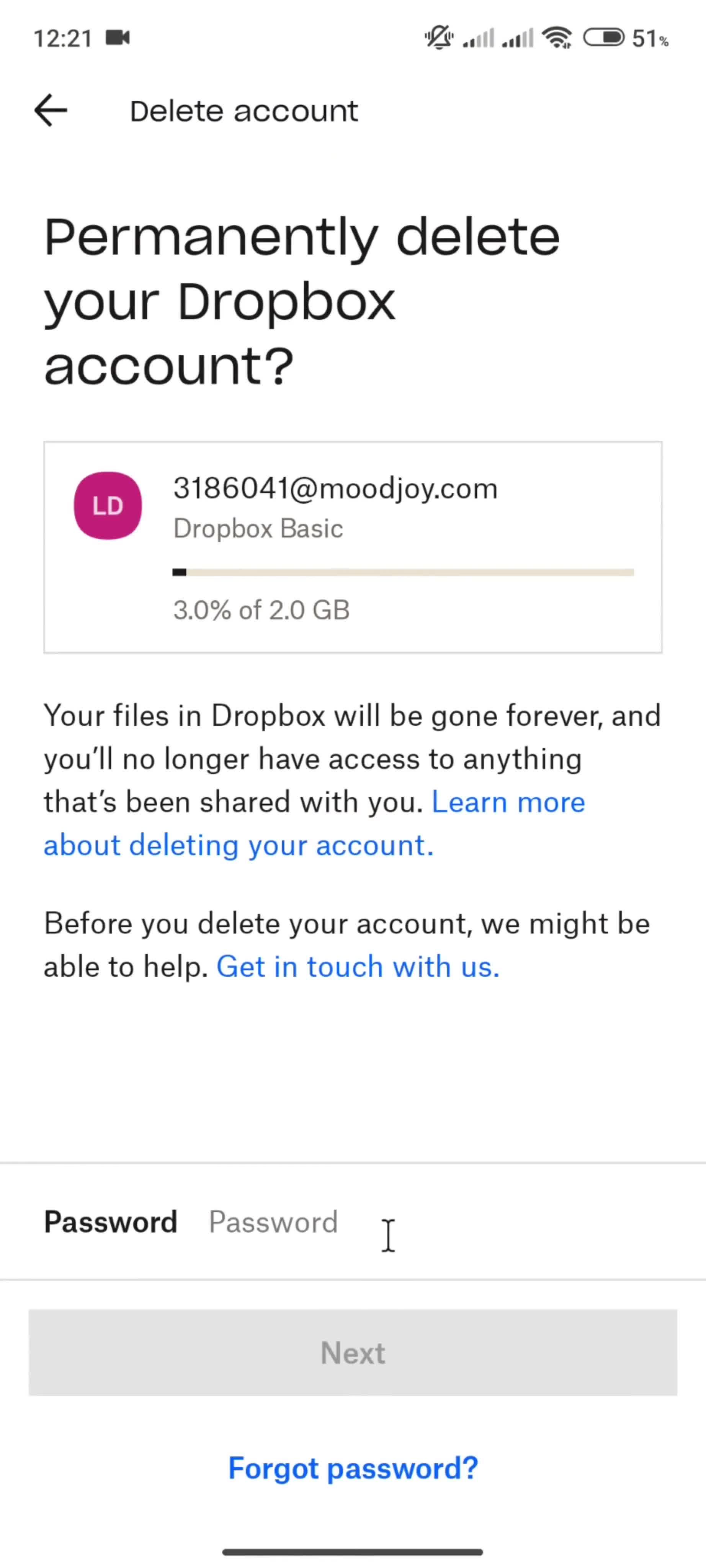Deleting your account screenshot