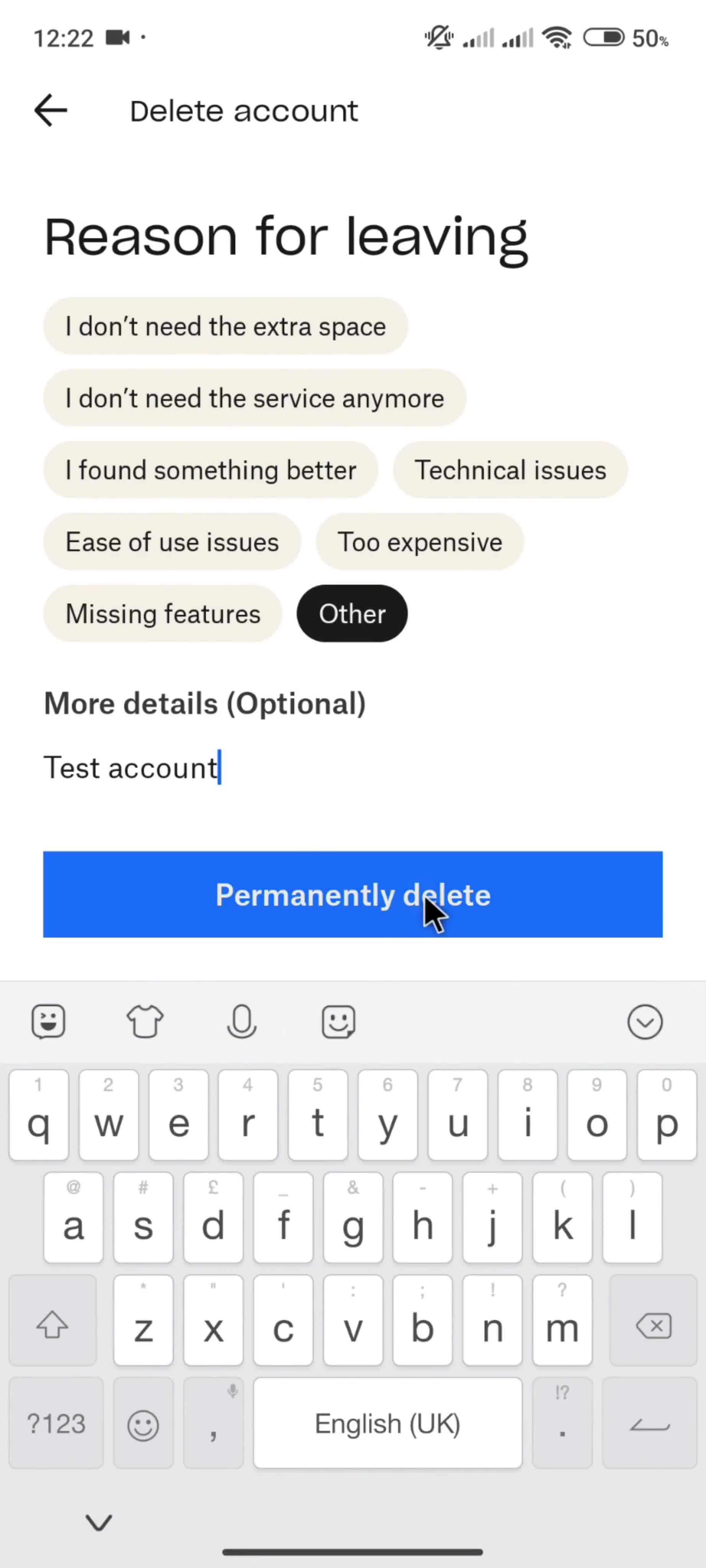 Deleting your account screenshot