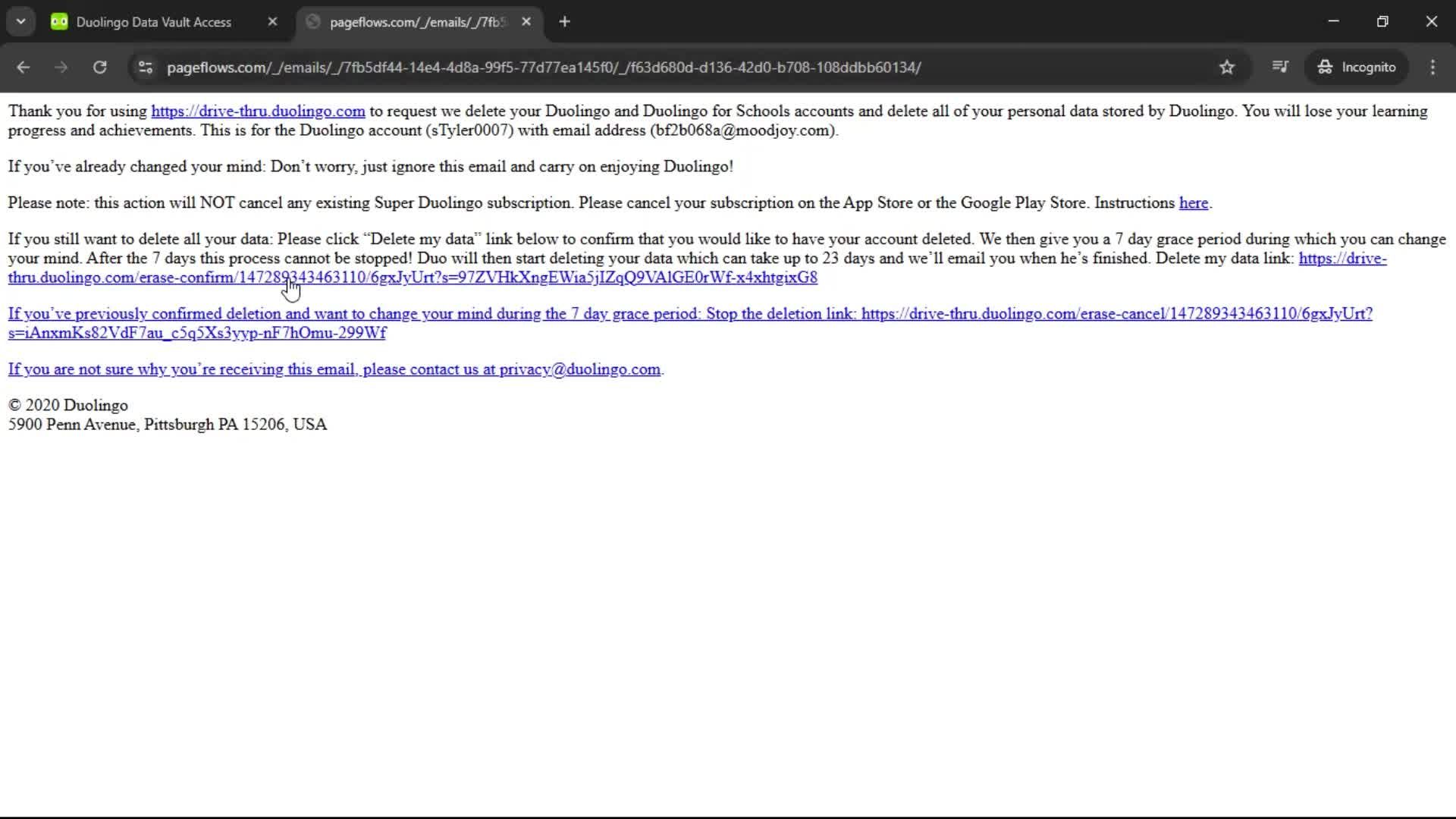 Deleting your account screenshot