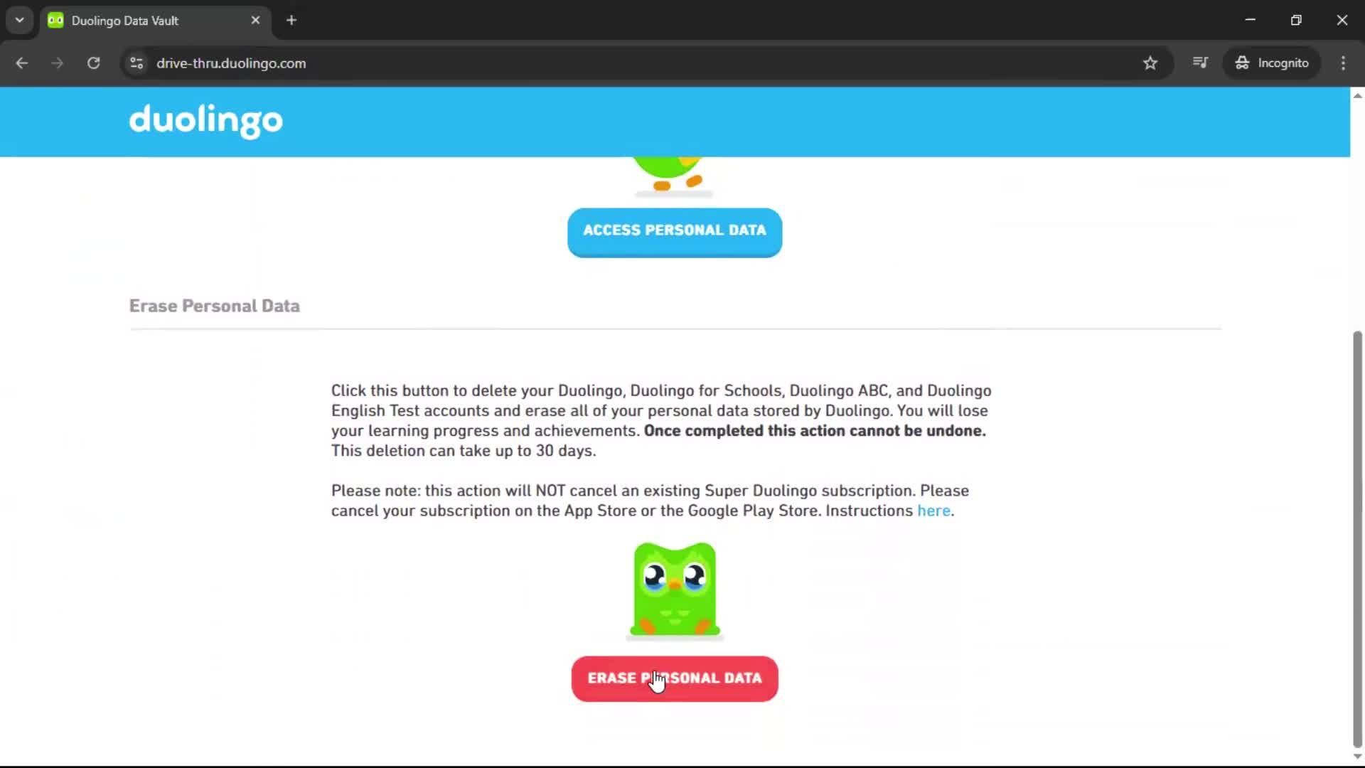 Deleting your account screenshot
