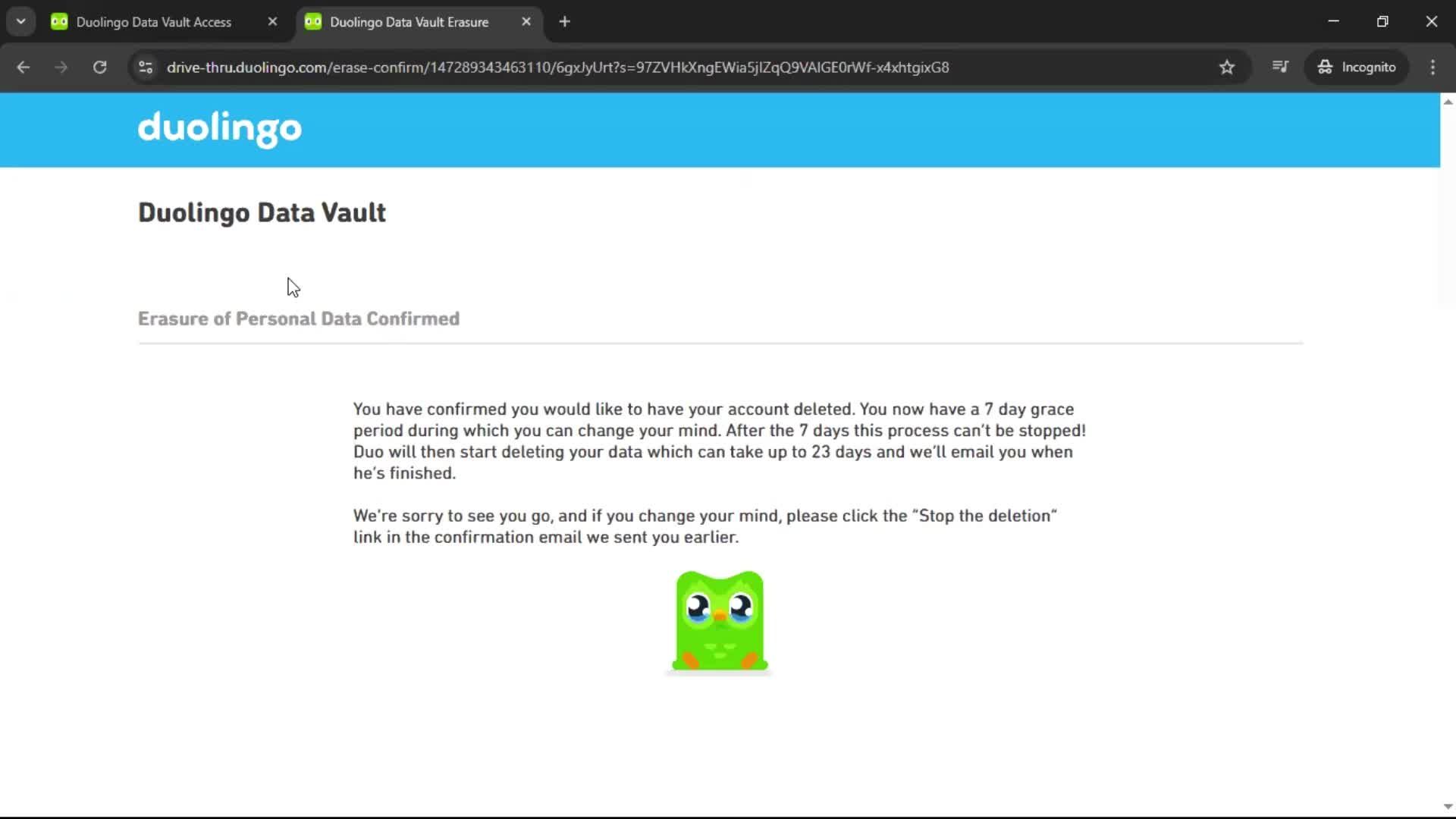 Deleting your account screenshot