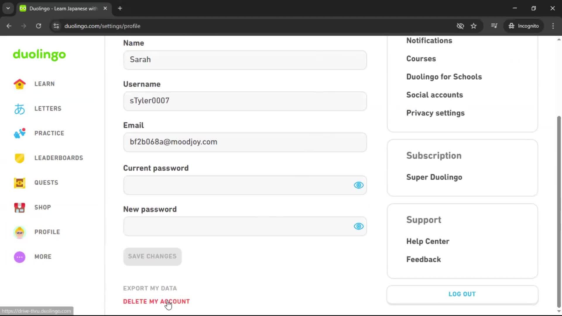 Deleting your account screenshot