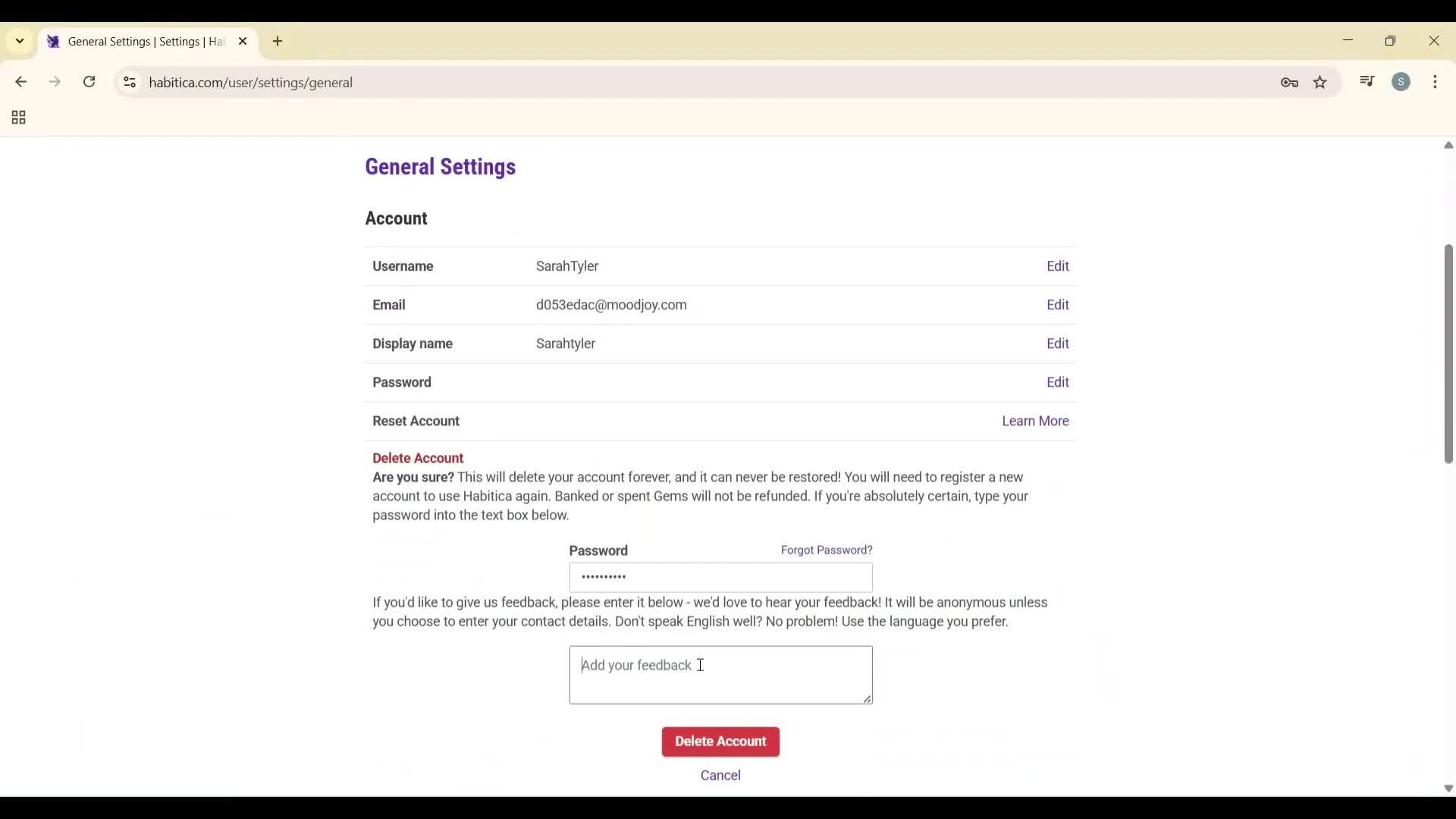 Deleting your account screenshot