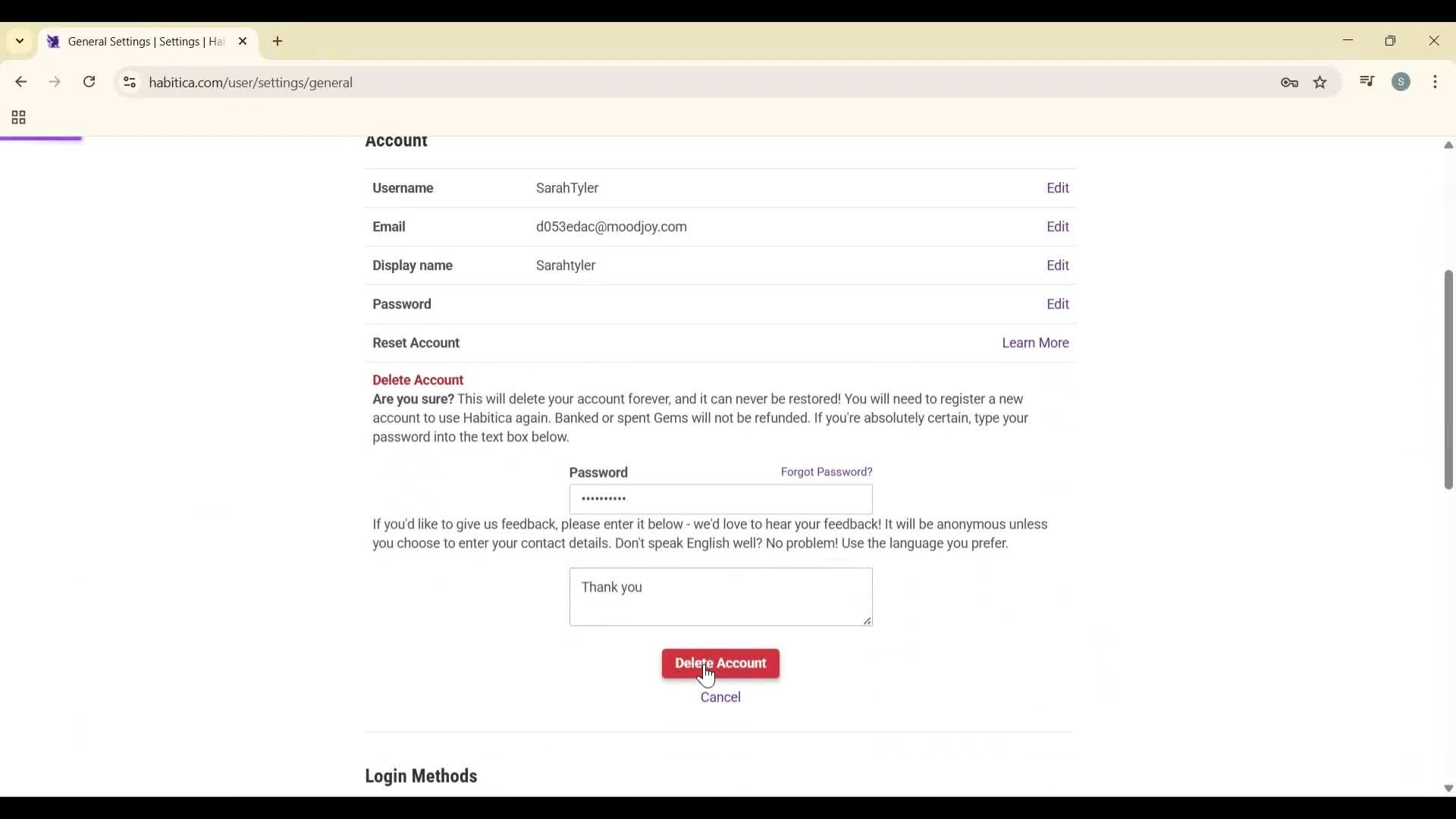 Deleting your account screenshot