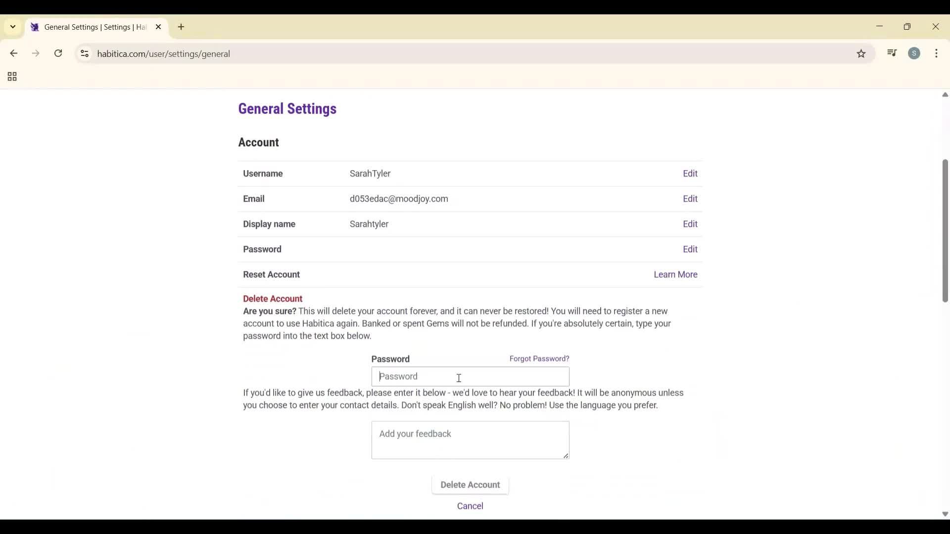 Deleting your account screenshot