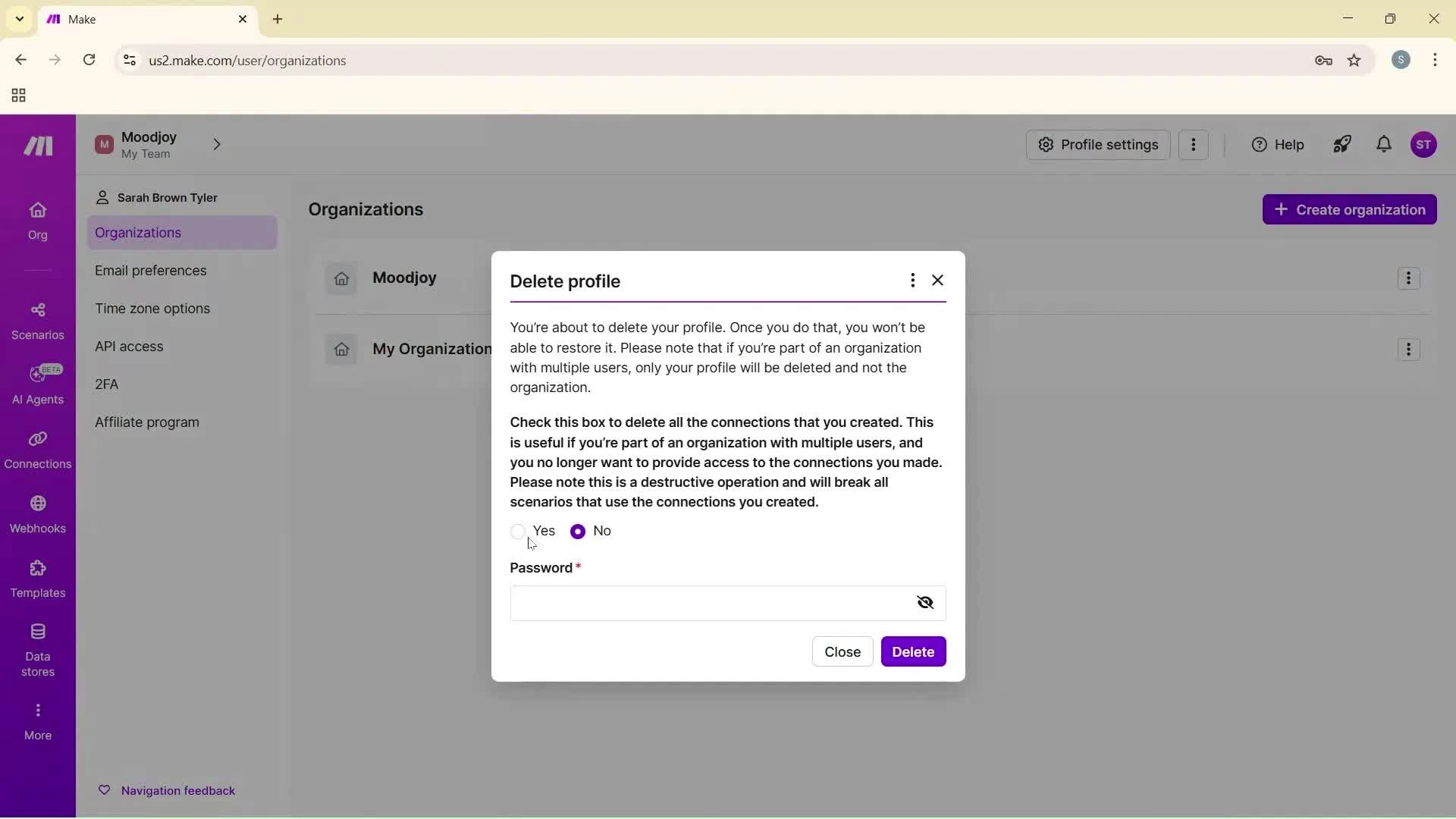 Deleting your account screenshot