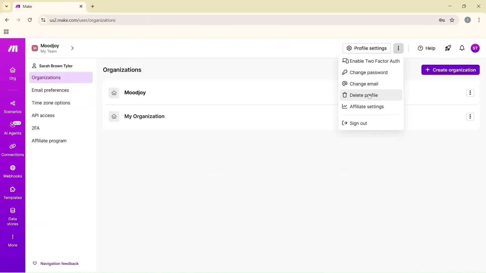 Deleting your account screenshot