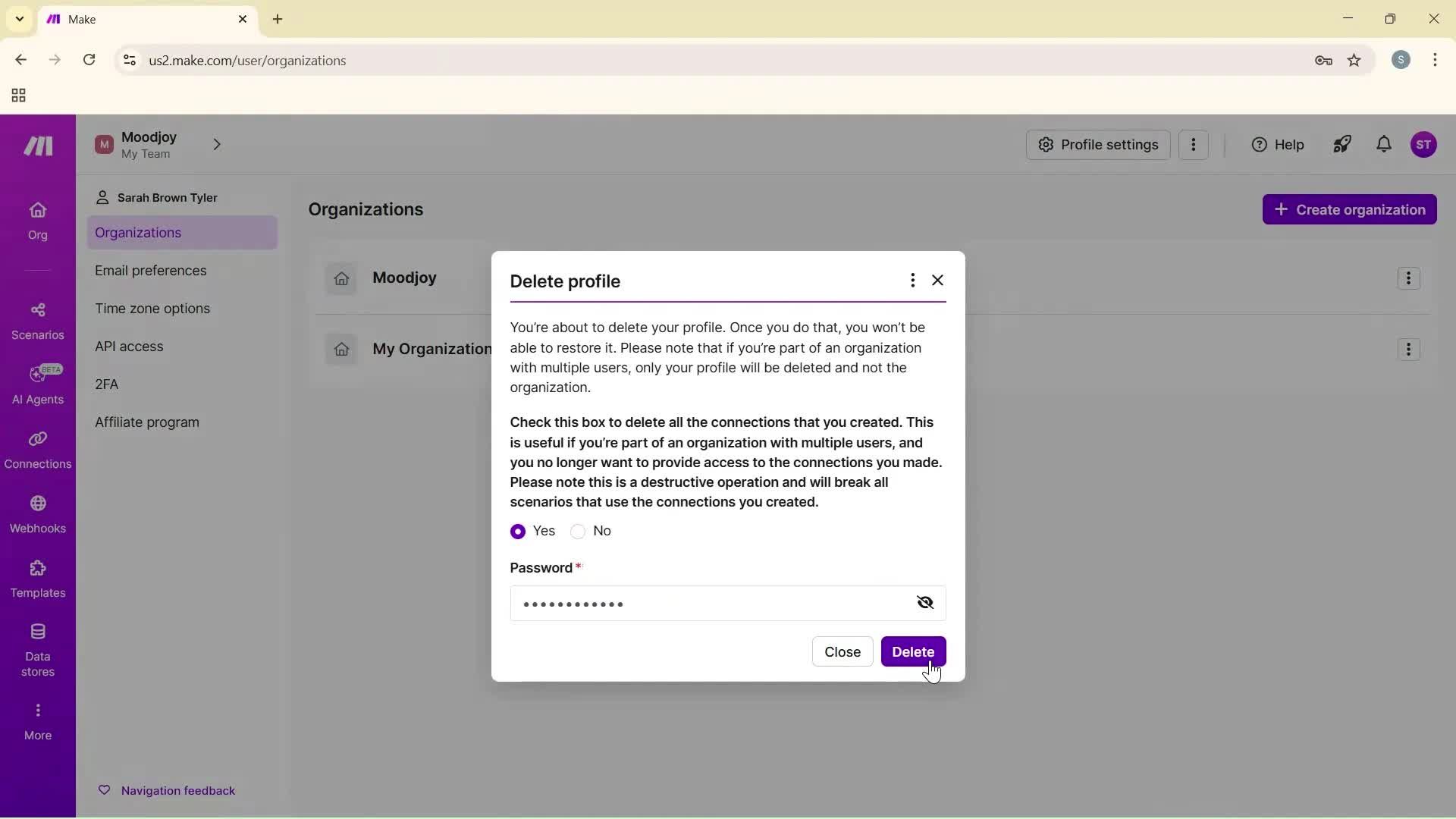 Deleting your account screenshot
