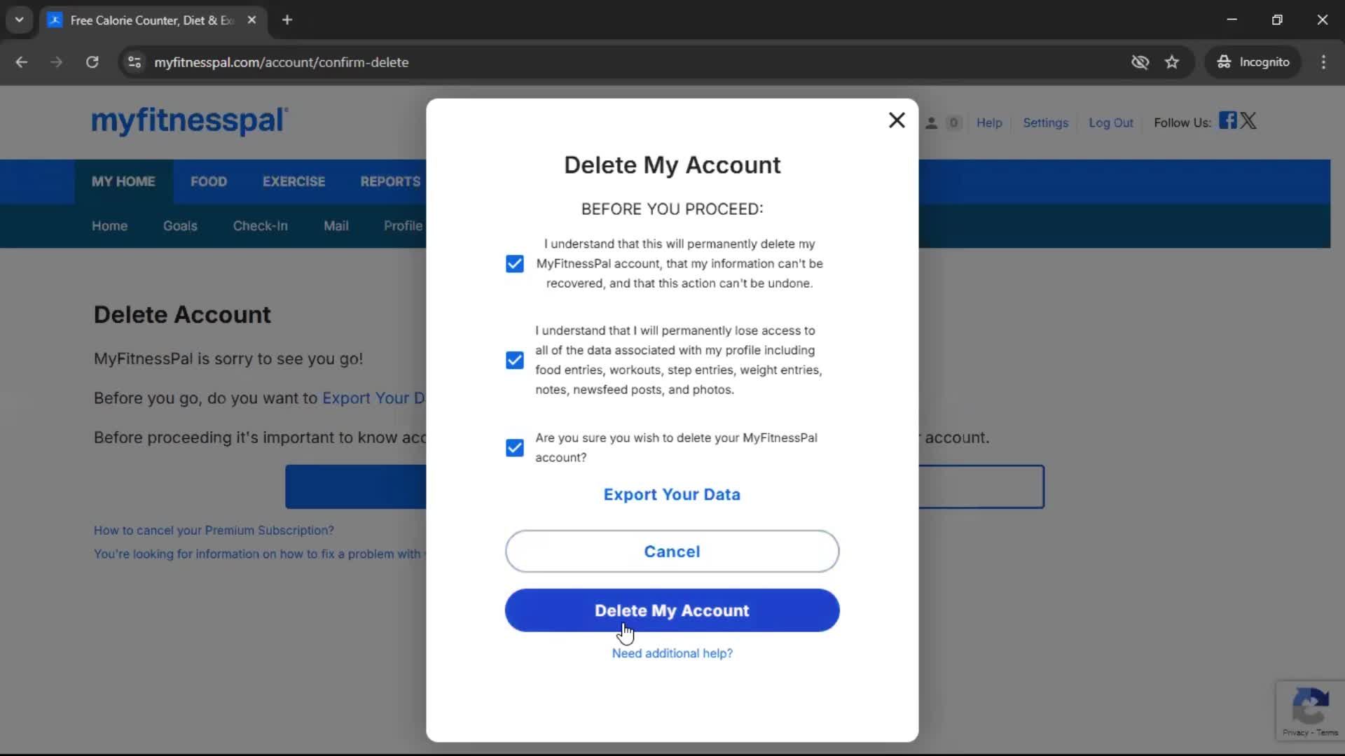 Deleting your account screenshot