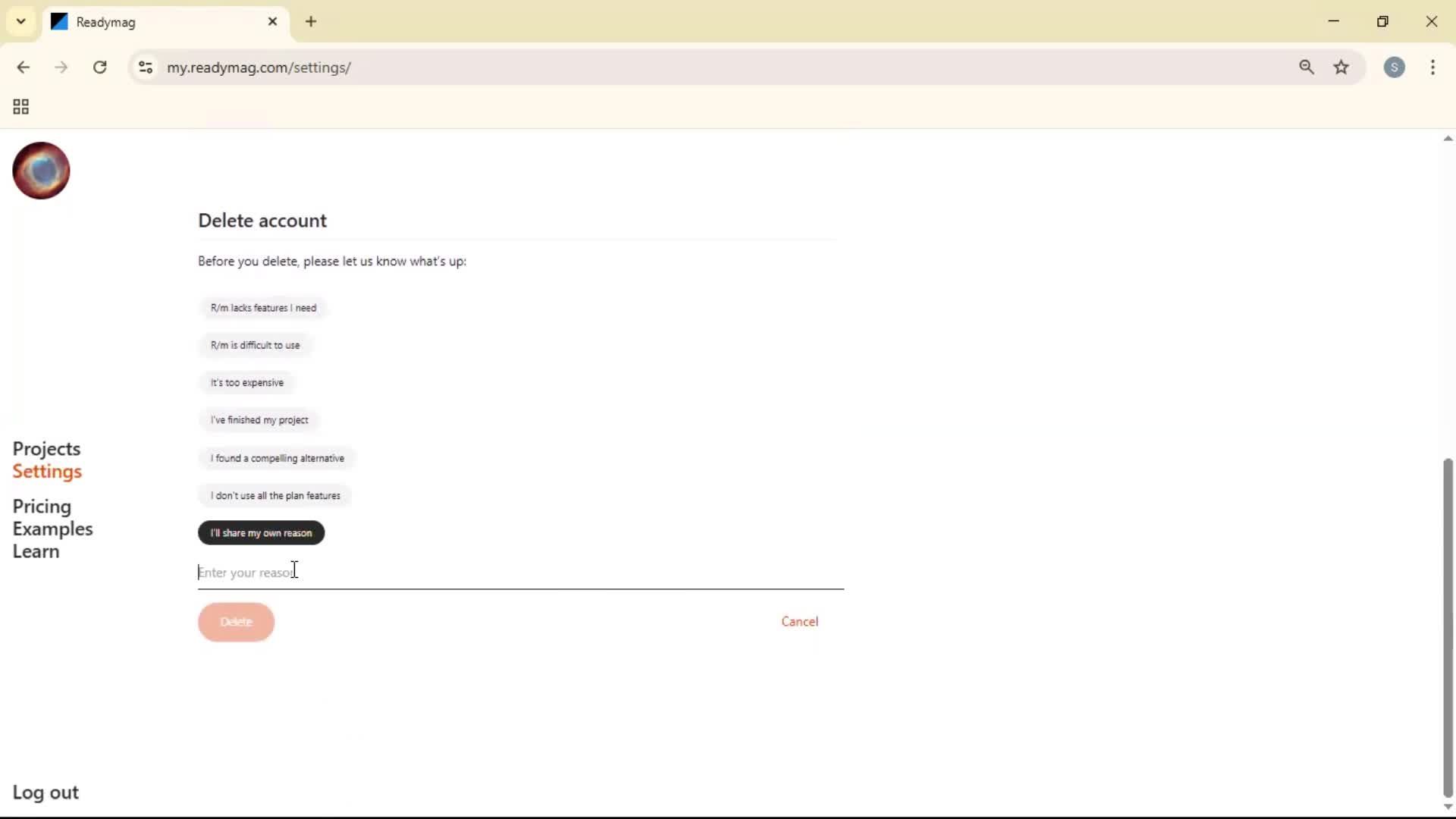 Deleting your account screenshot