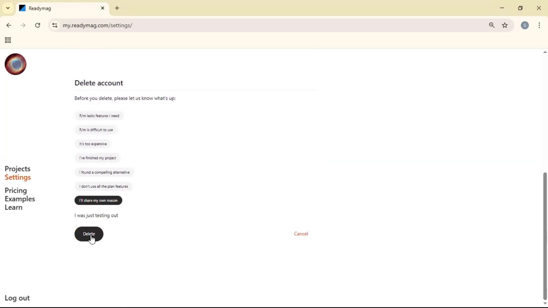 Deleting your account screenshot