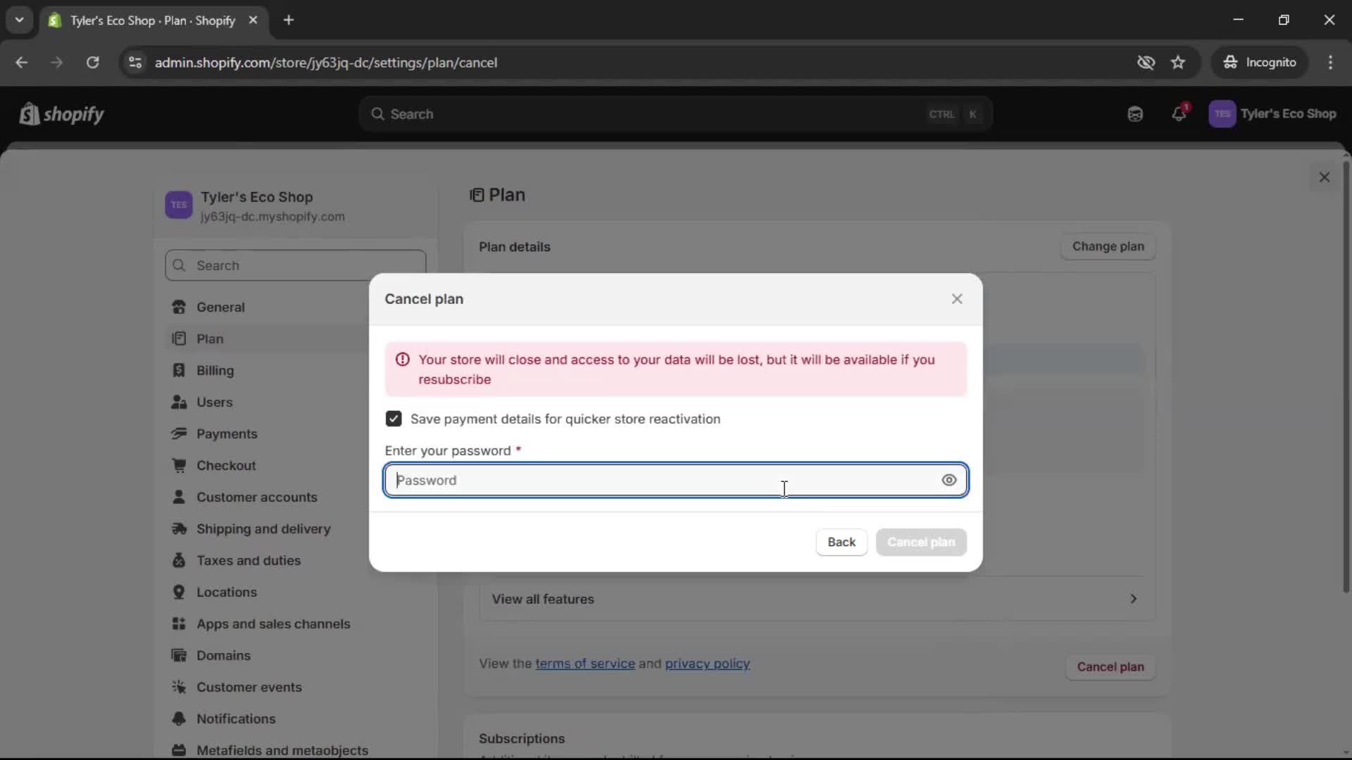 Deleting your account screenshot