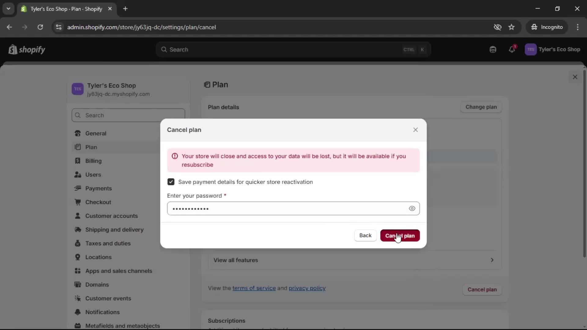 Deleting your account screenshot
