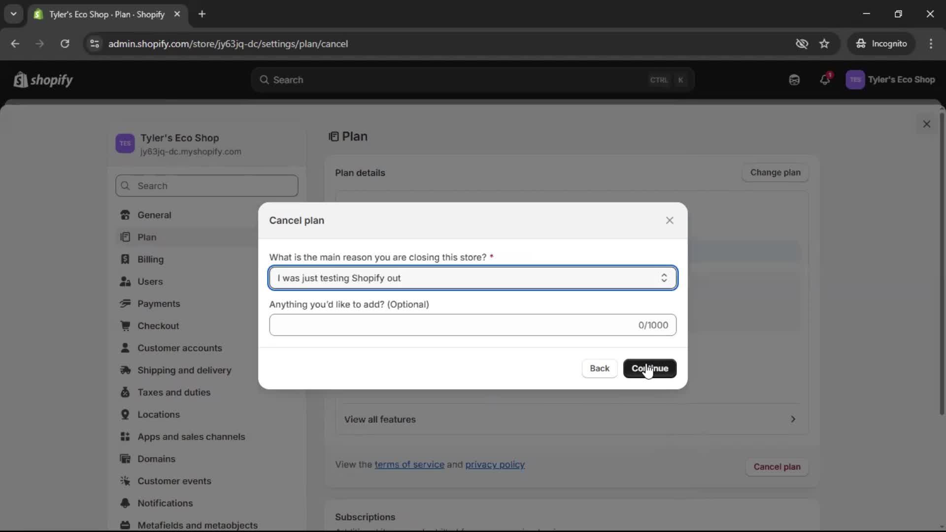 Deleting your account screenshot