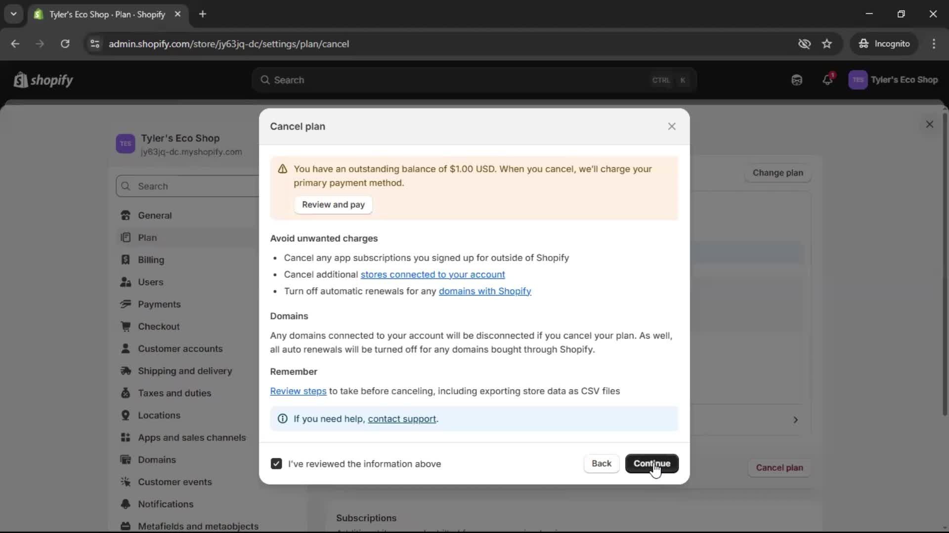 Deleting your account screenshot