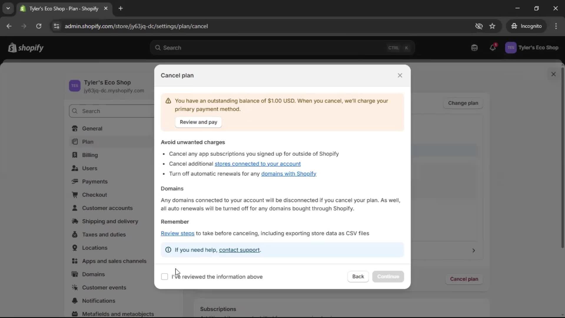 Deleting your account screenshot