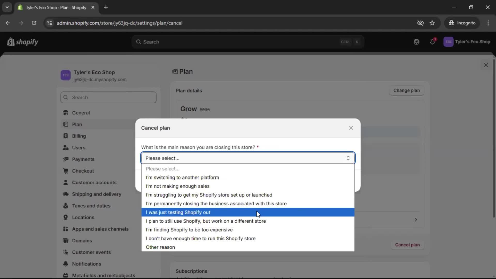 Deleting your account screenshot