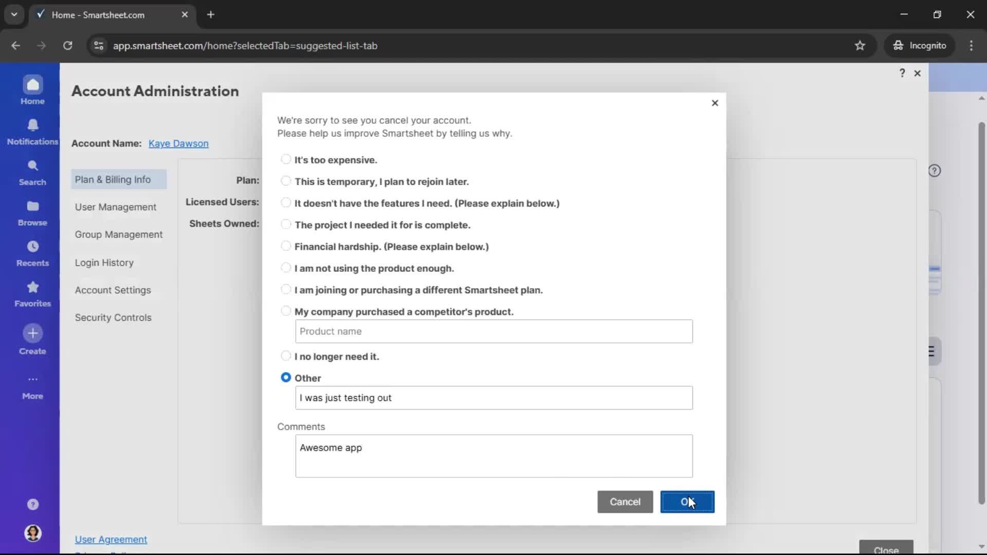 Deleting your account screenshot