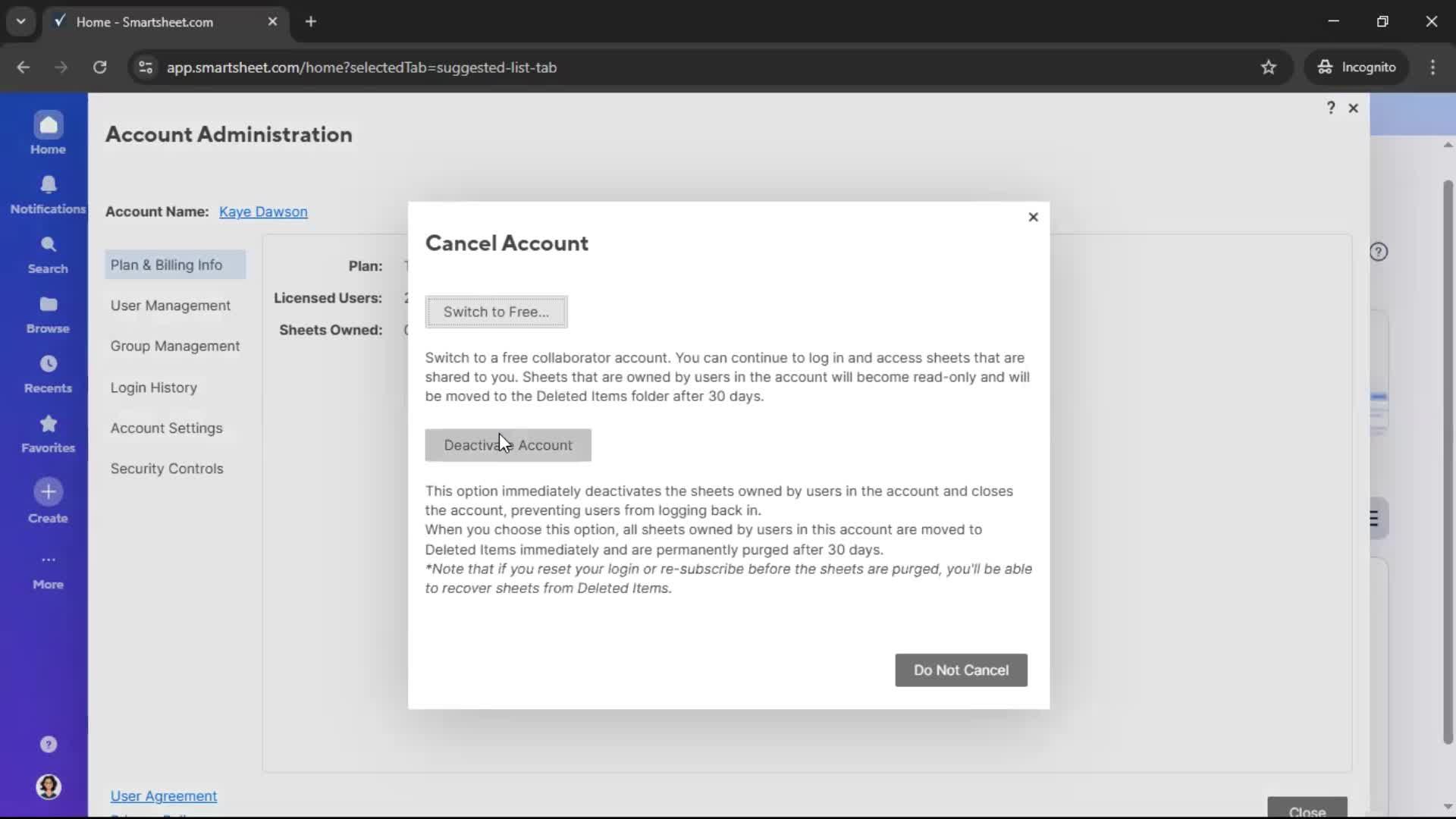 Deleting your account screenshot