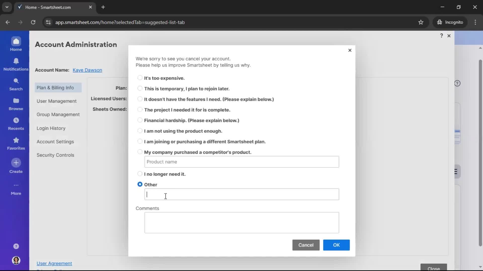 Deleting your account screenshot
