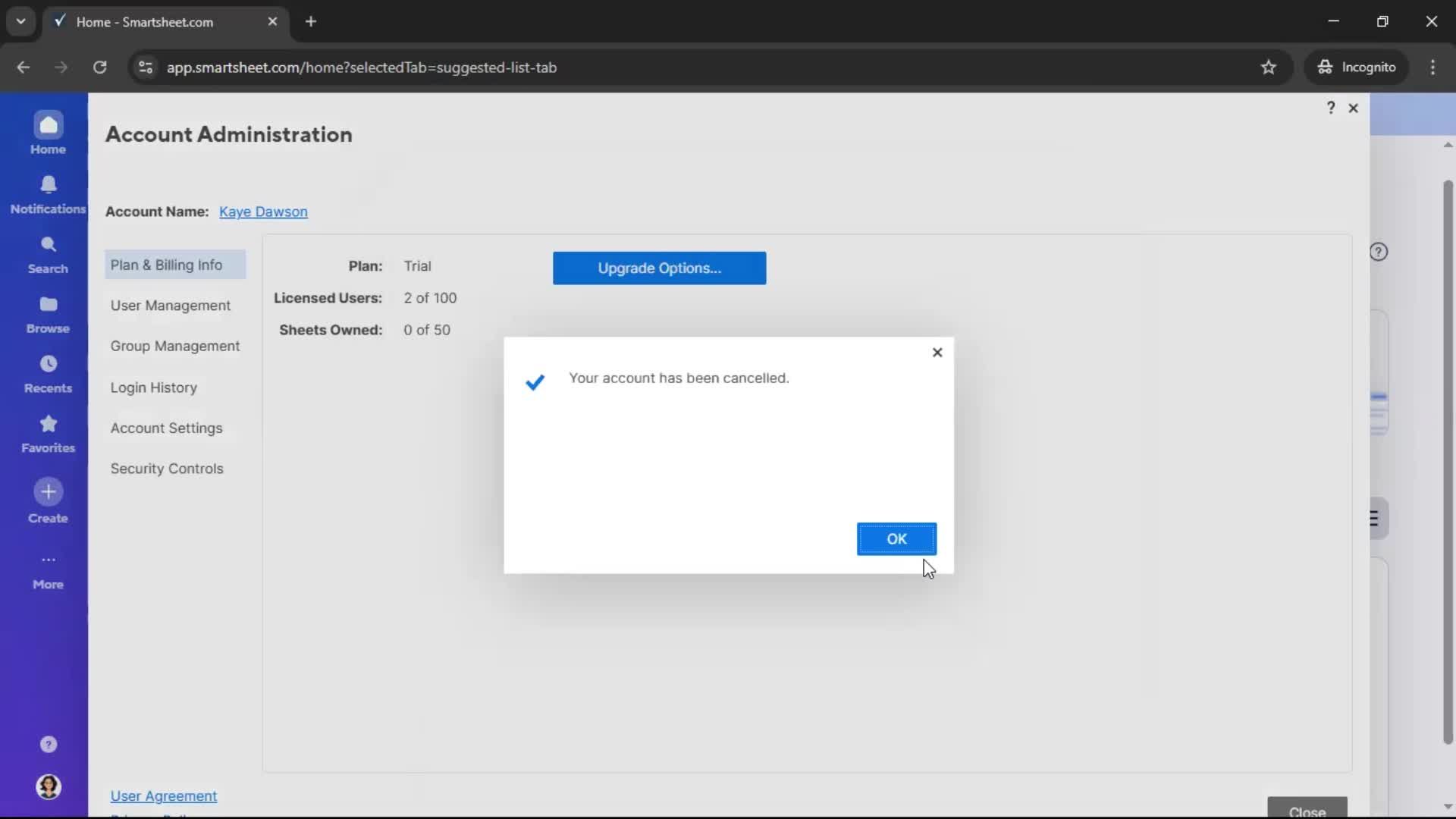 Deleting your account screenshot