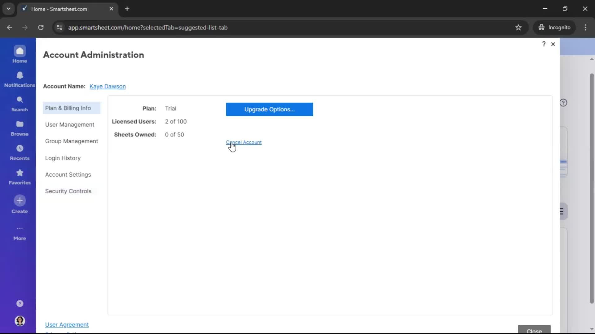 Deleting your account screenshot