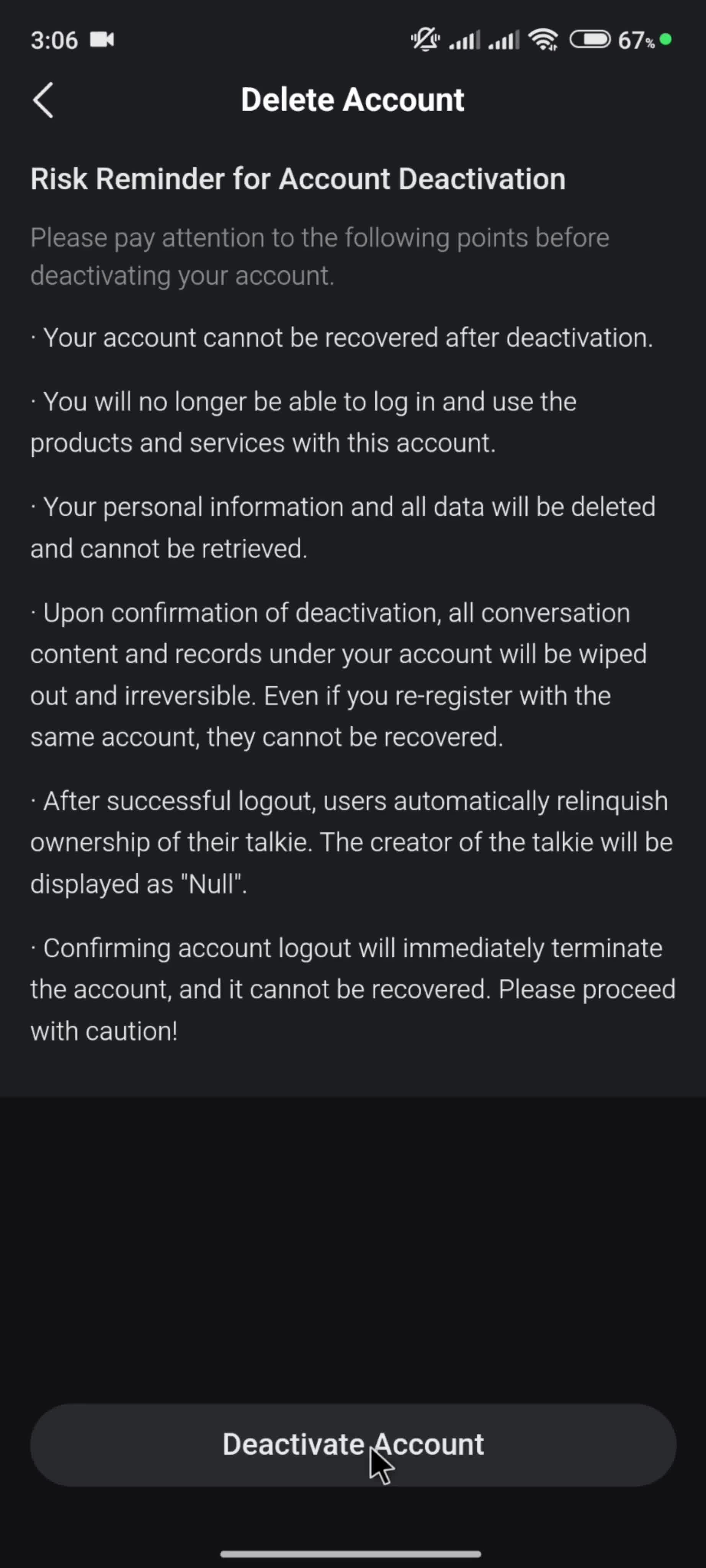 Deleting your account screenshot