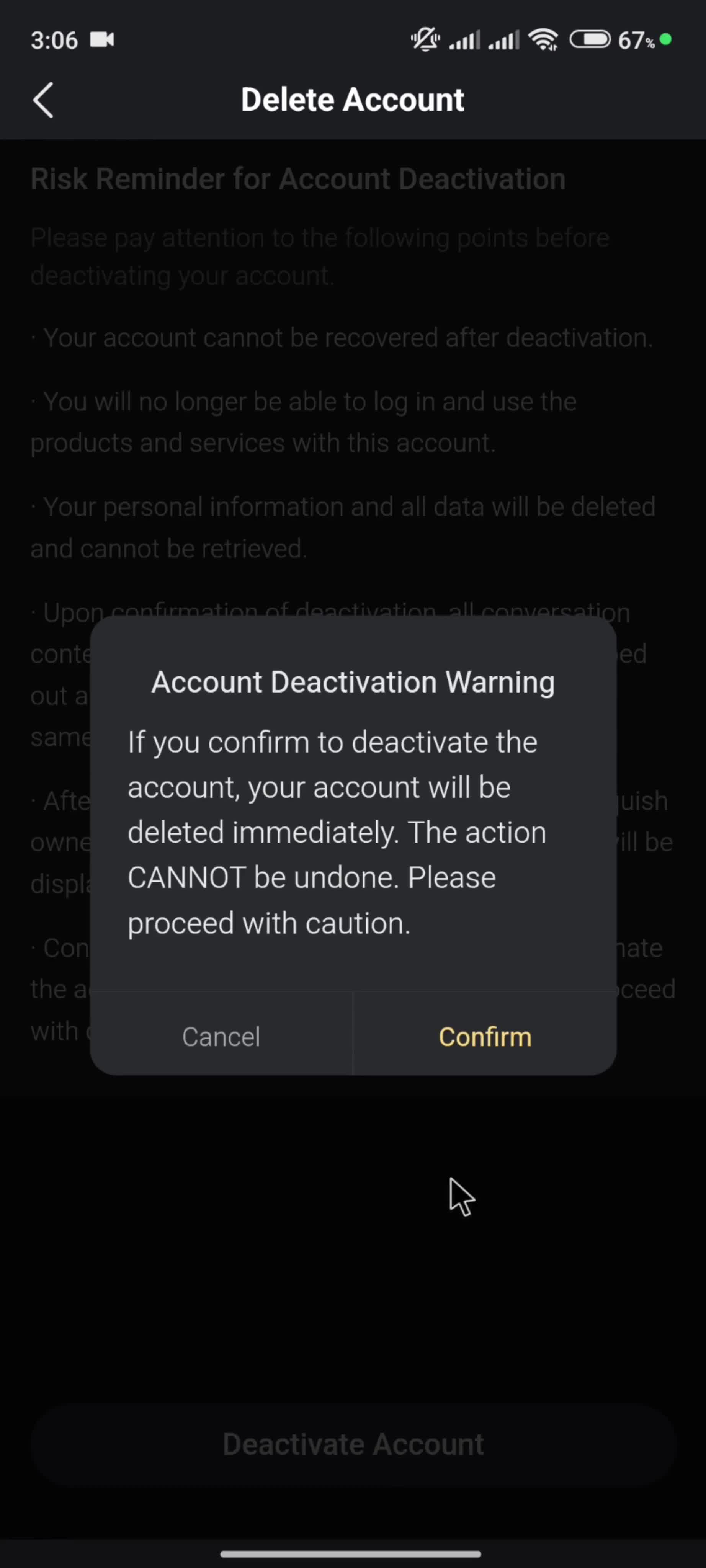 Deleting your account screenshot