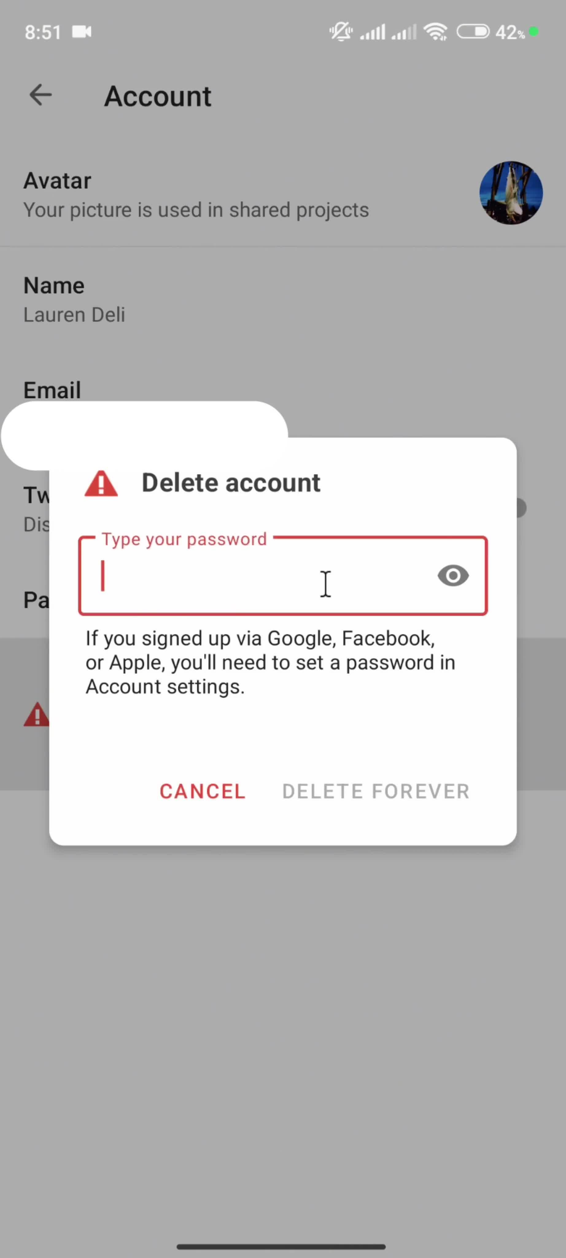 Deleting your account screenshot