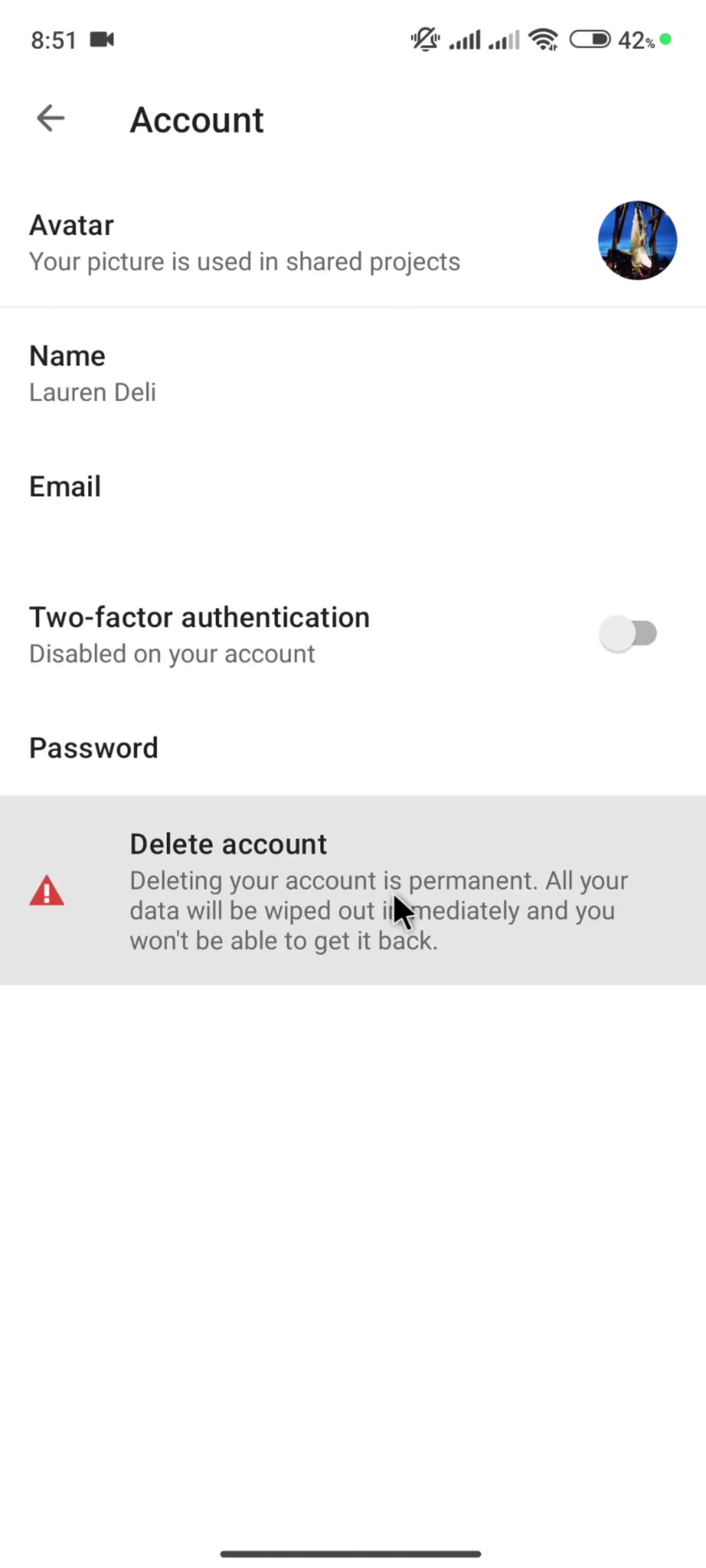 Deleting your account screenshot