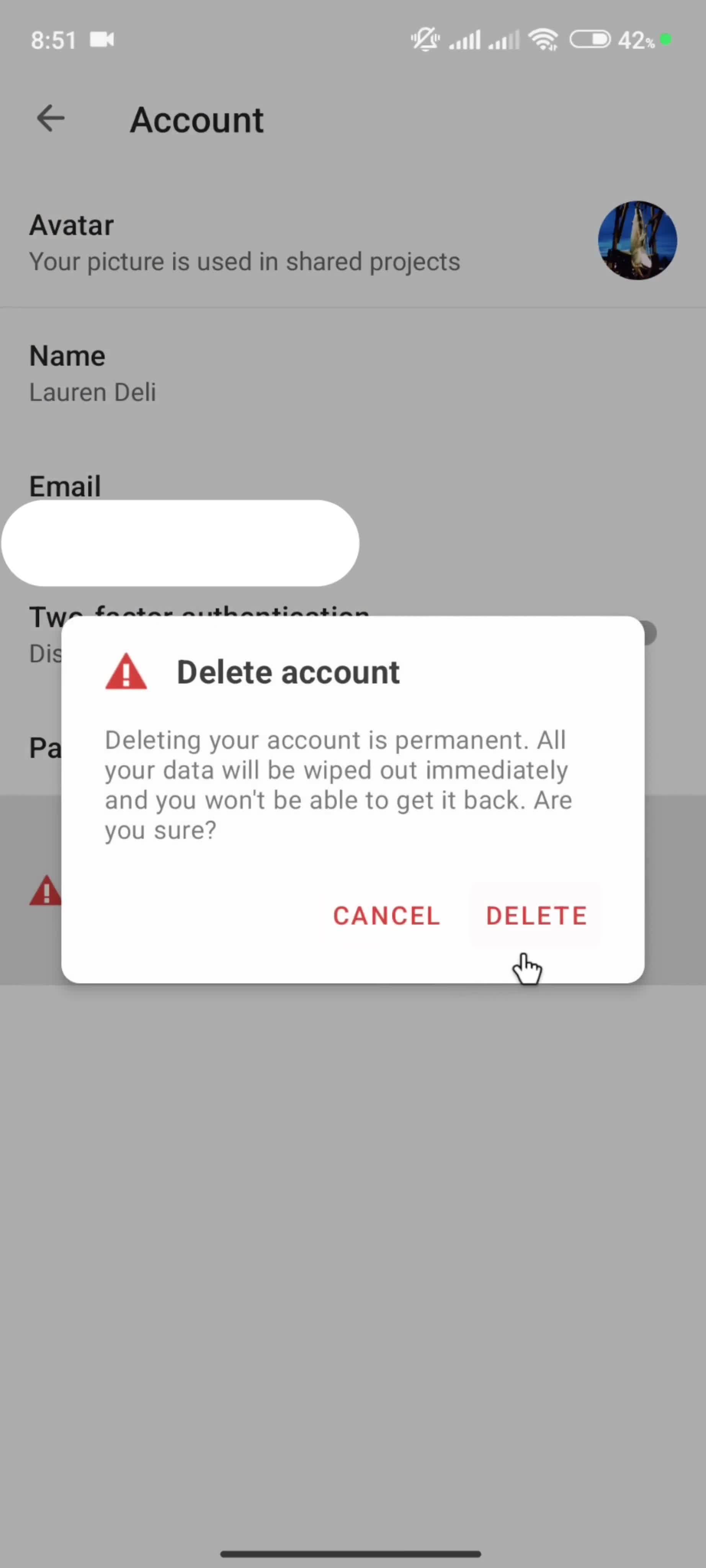 Deleting your account screenshot