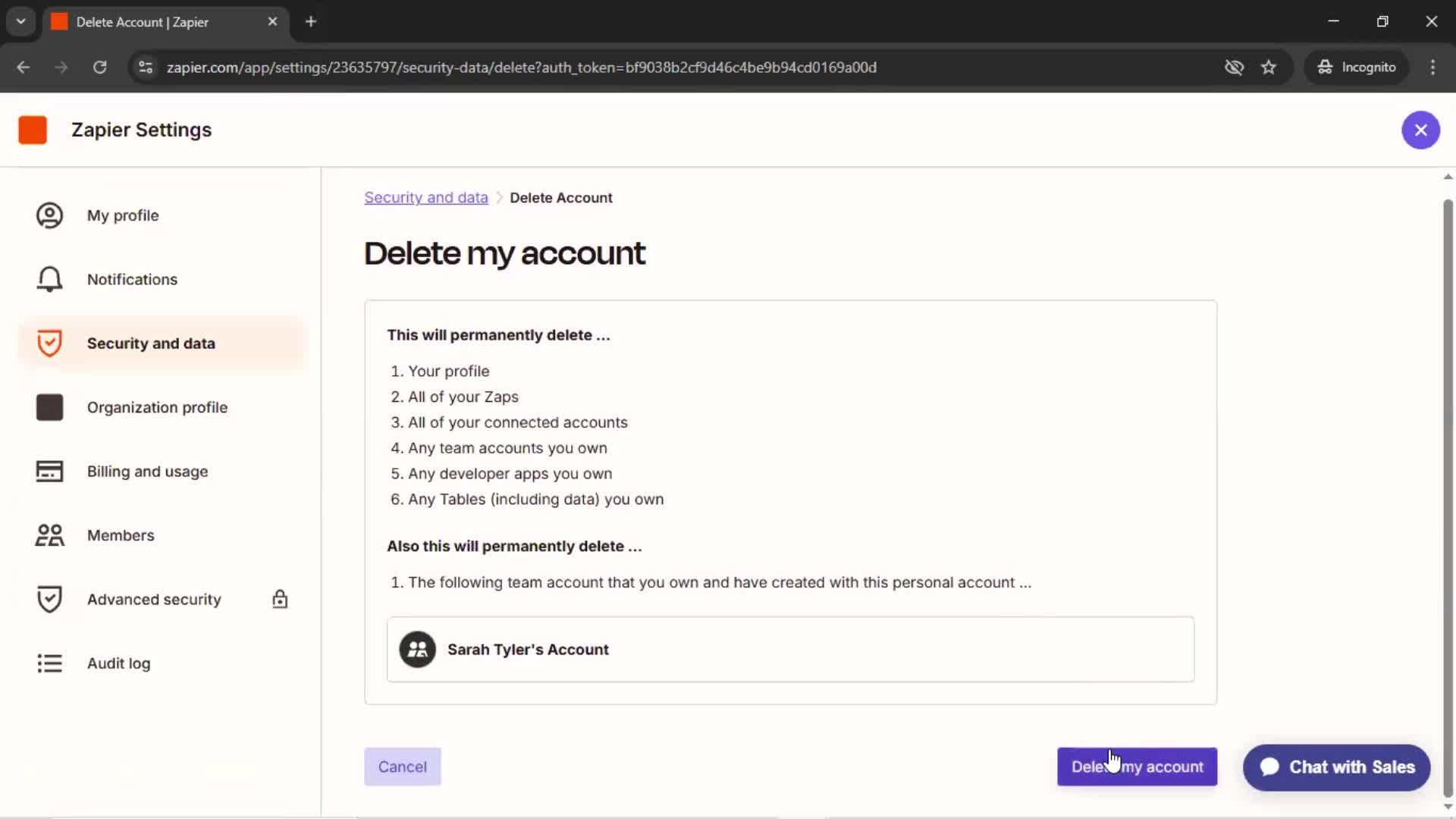 Deleting your account screenshot