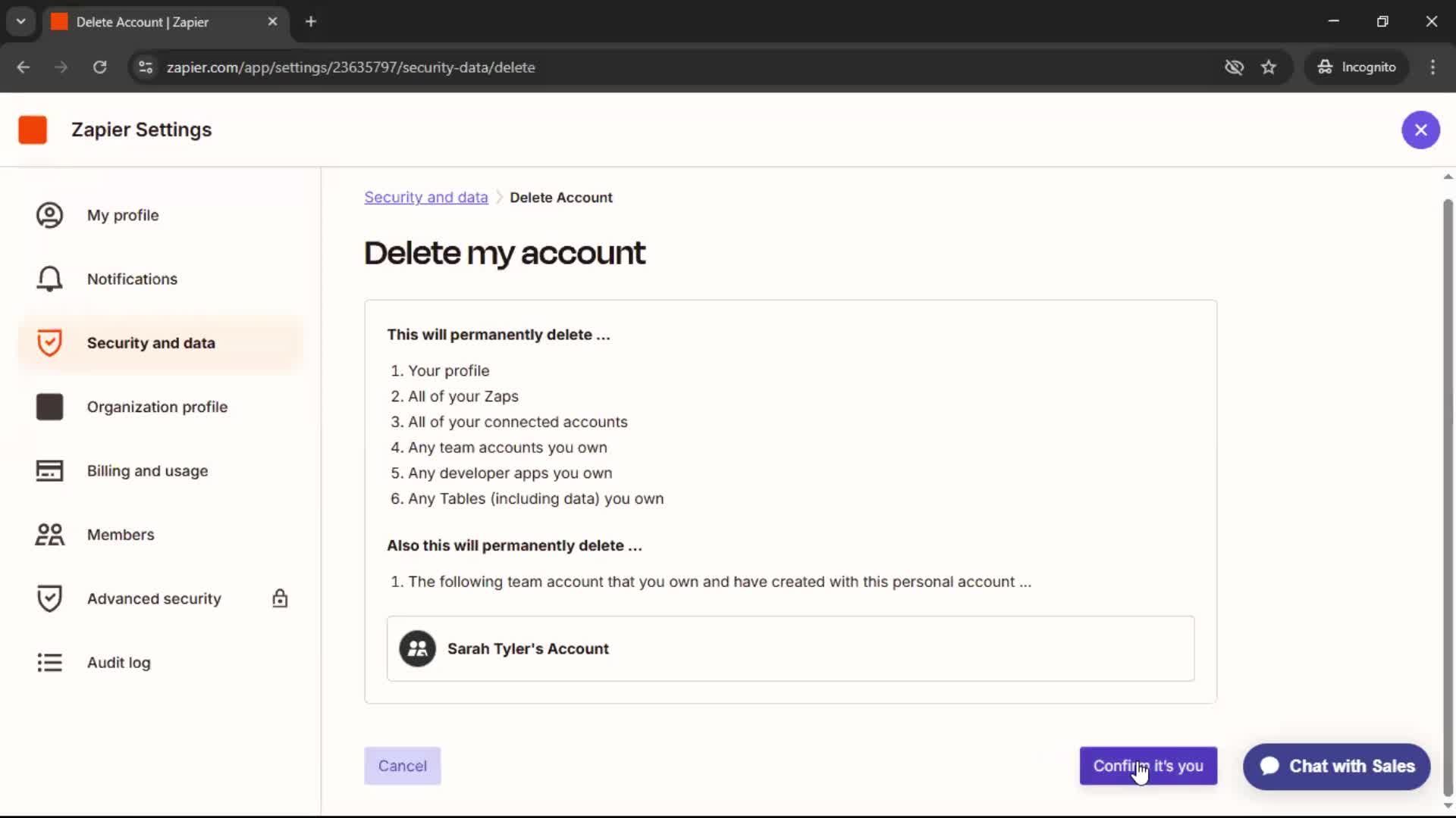 Deleting your account screenshot