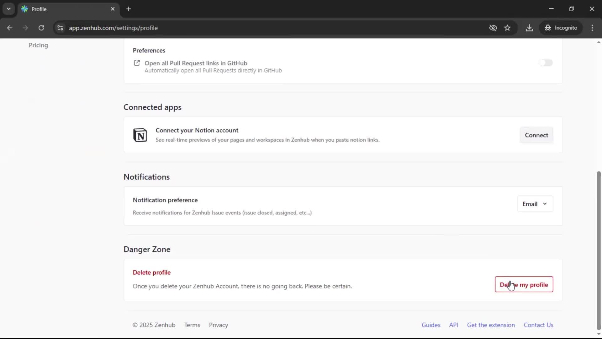 Deleting your account screenshot