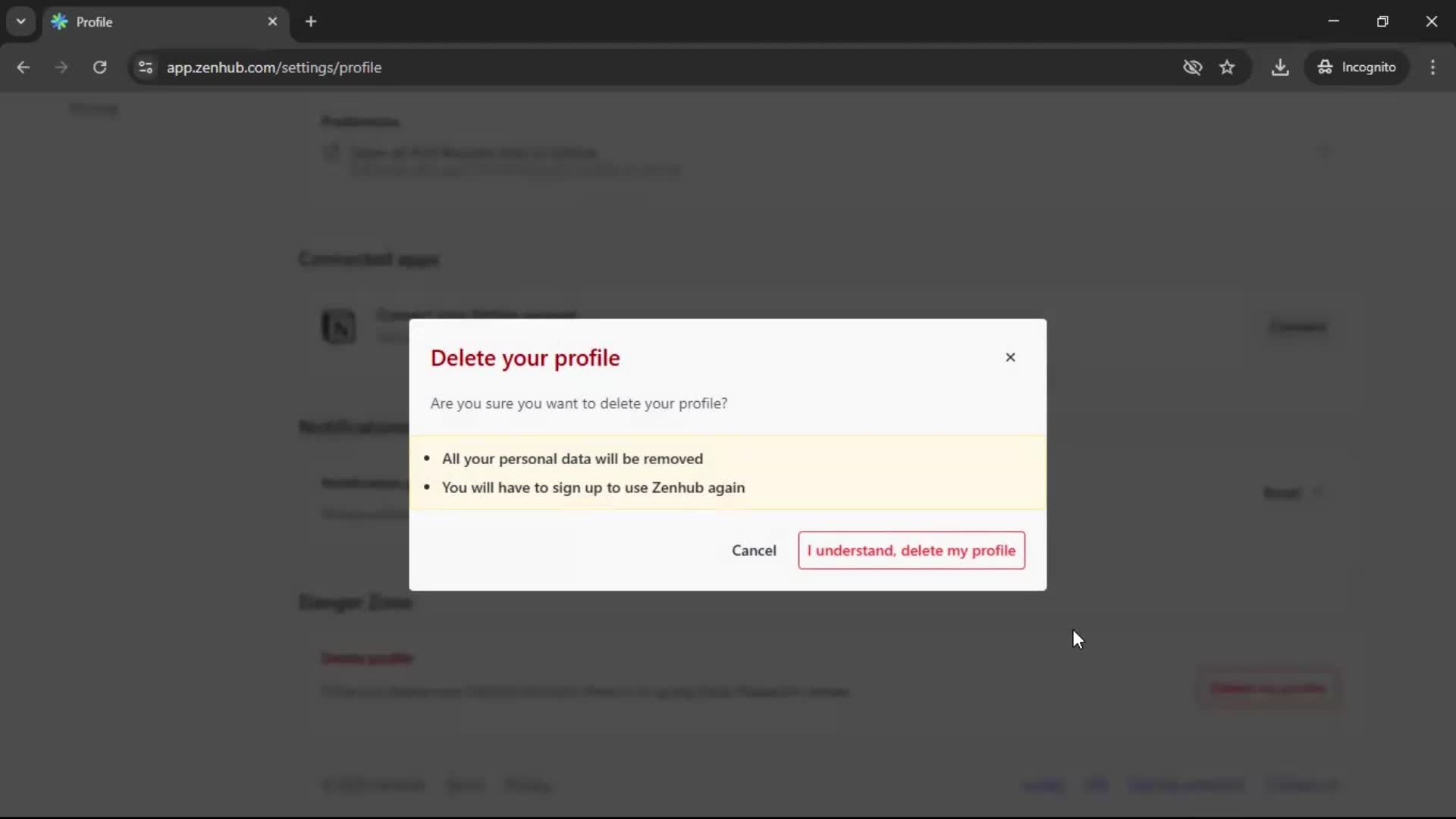 Deleting your account screenshot