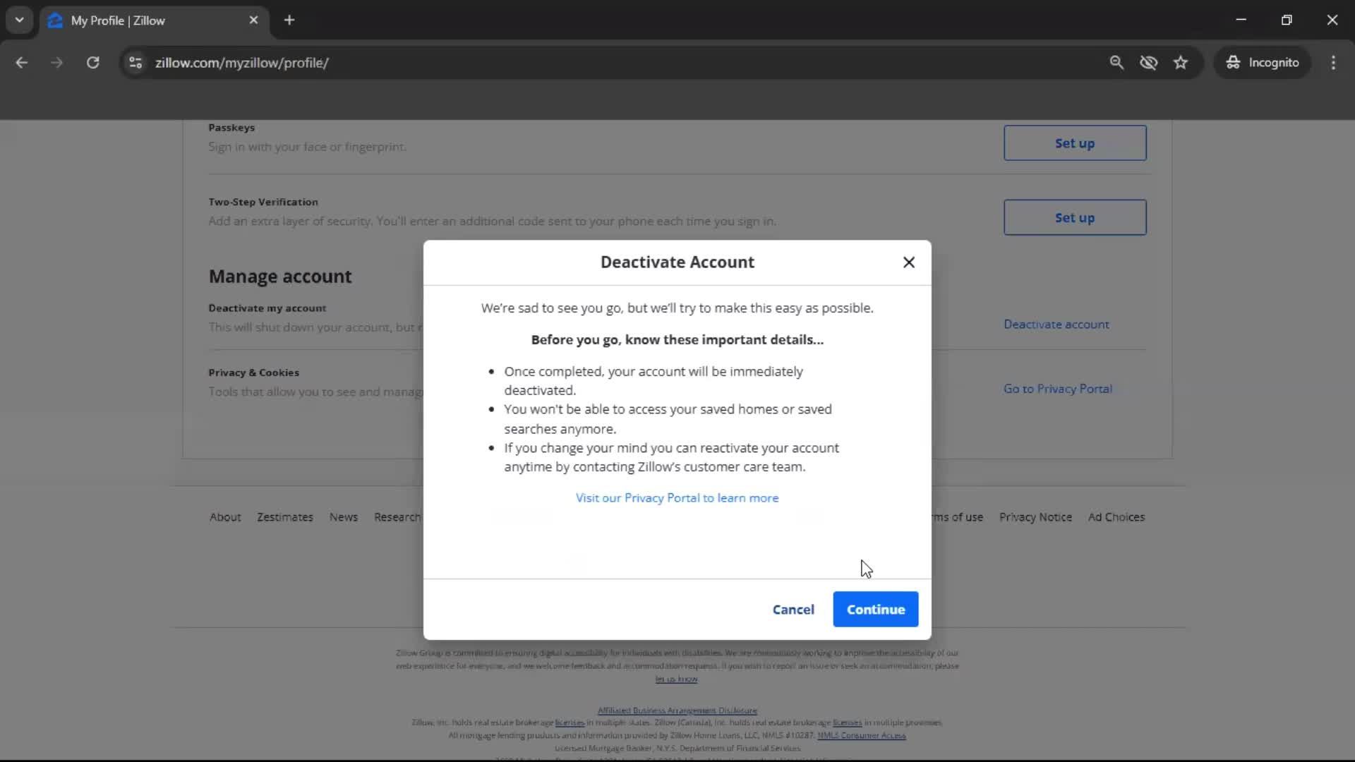Deactivating your account screenshot