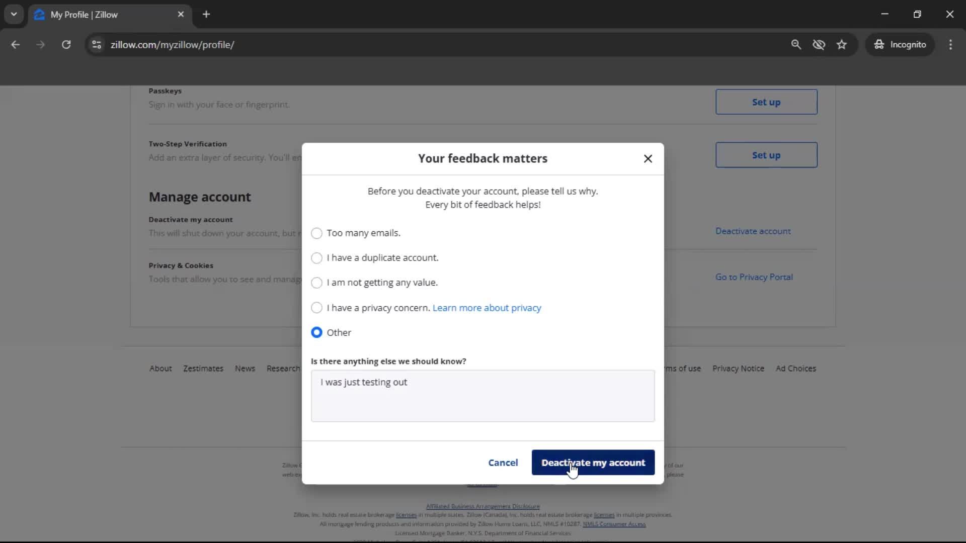 Deactivating your account screenshot