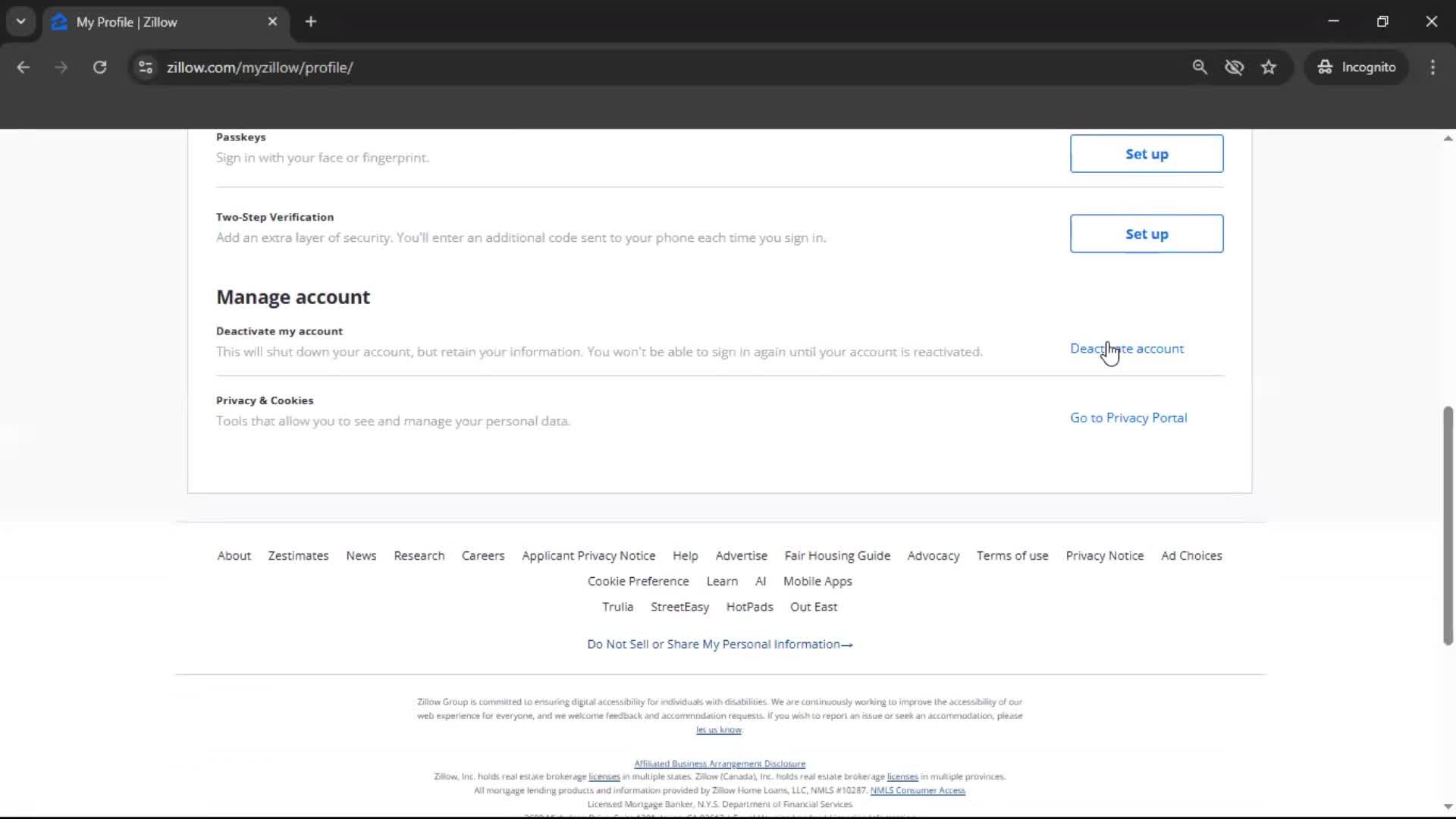 Deactivating your account screenshot
