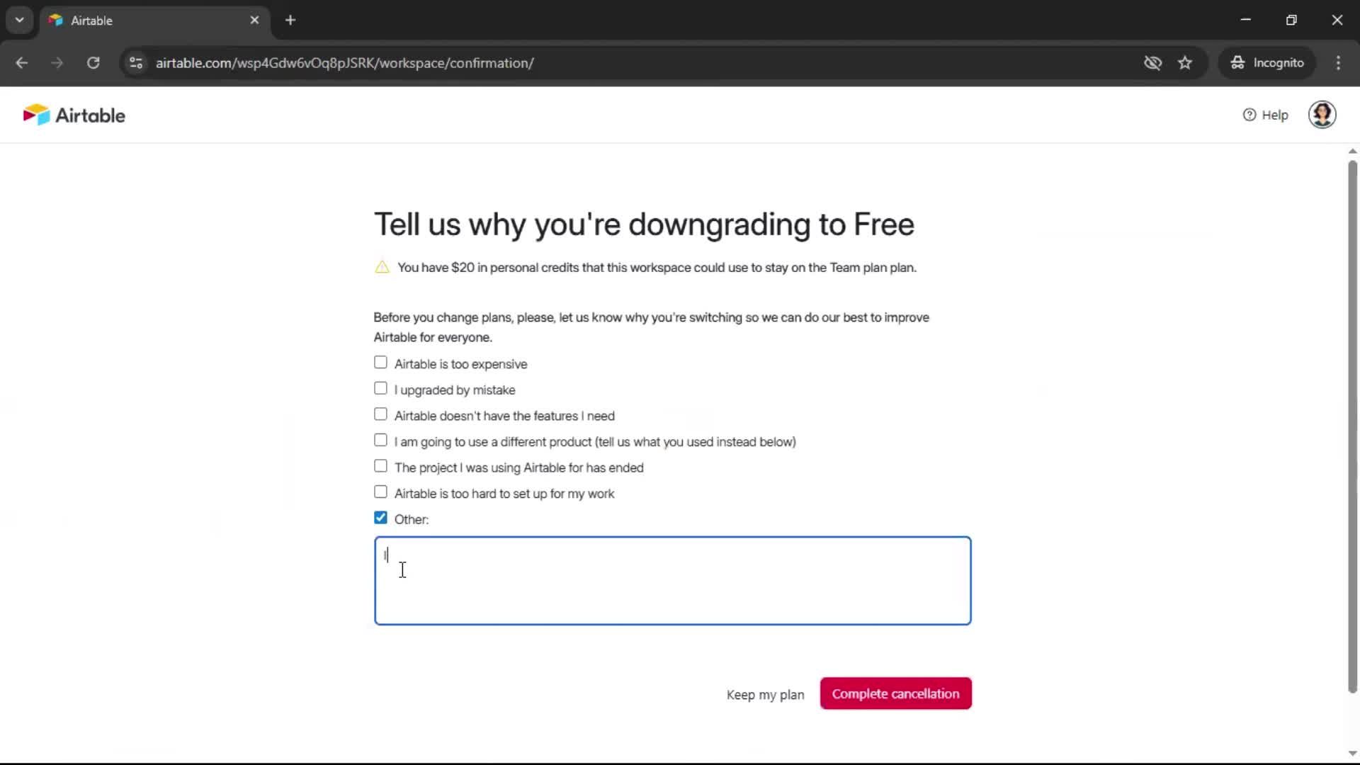 Downgrading your account screenshot