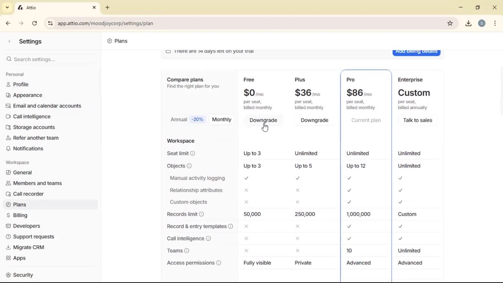 Downgrading your account screenshot