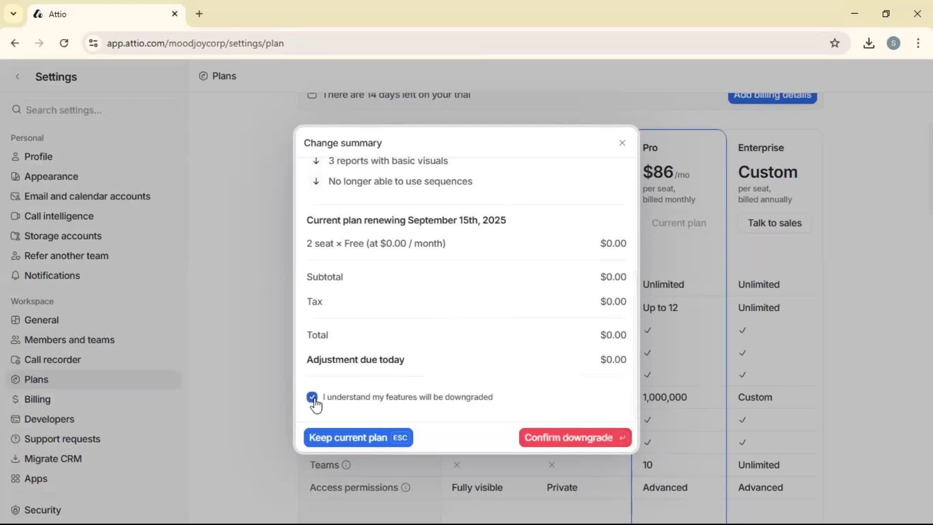 Downgrading your account screenshot