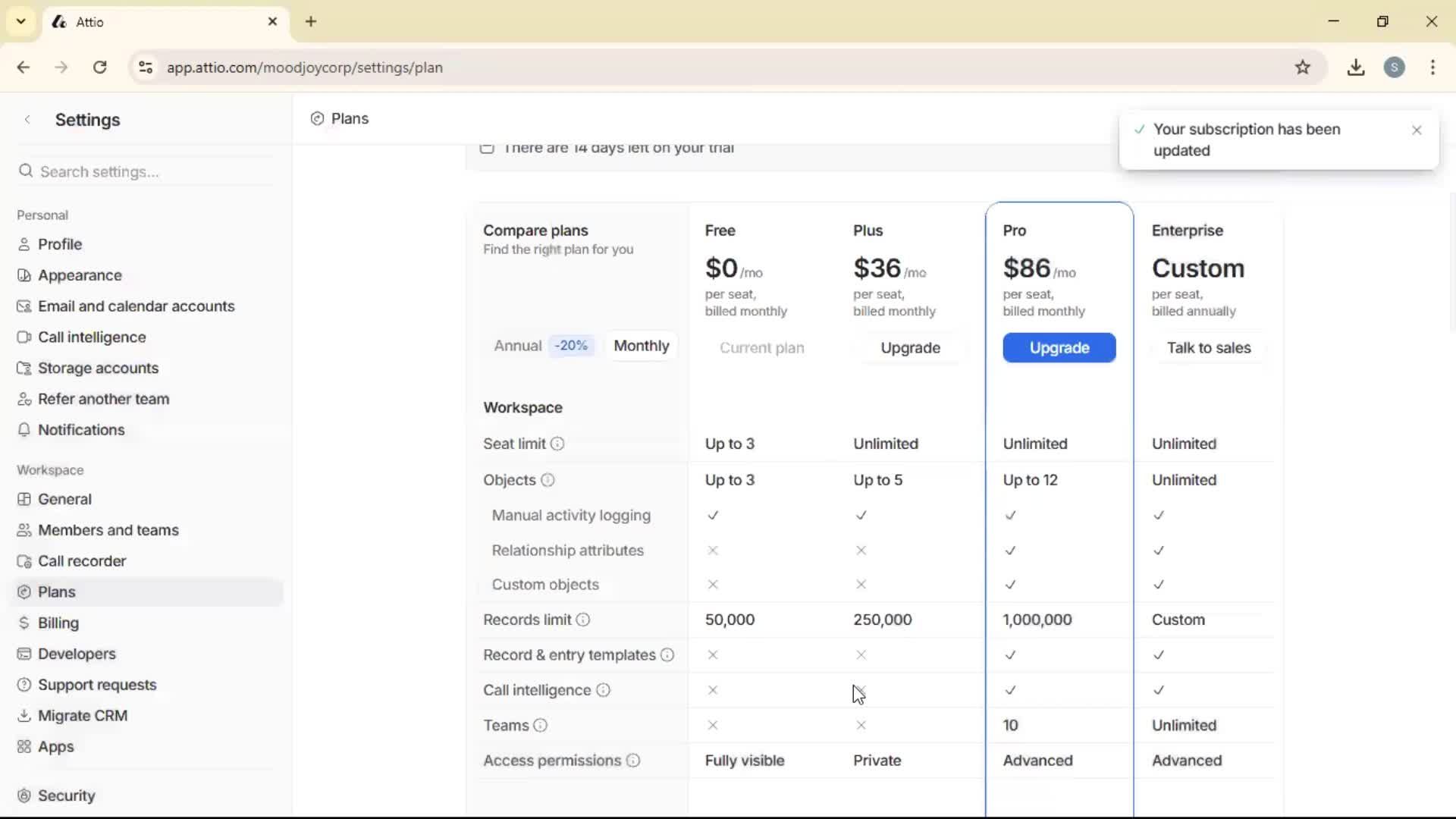Downgrading your account screenshot