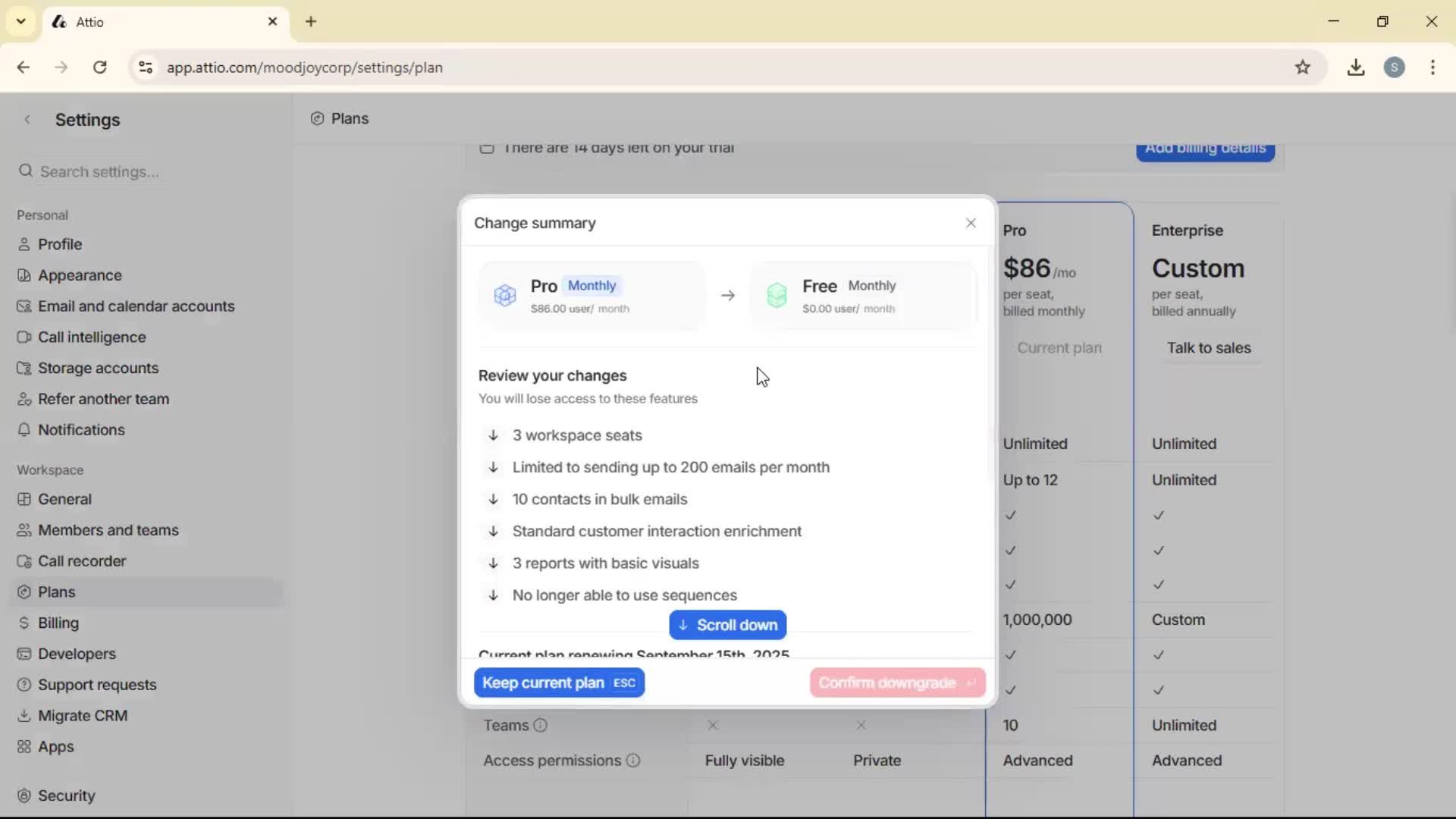 Downgrading your account screenshot