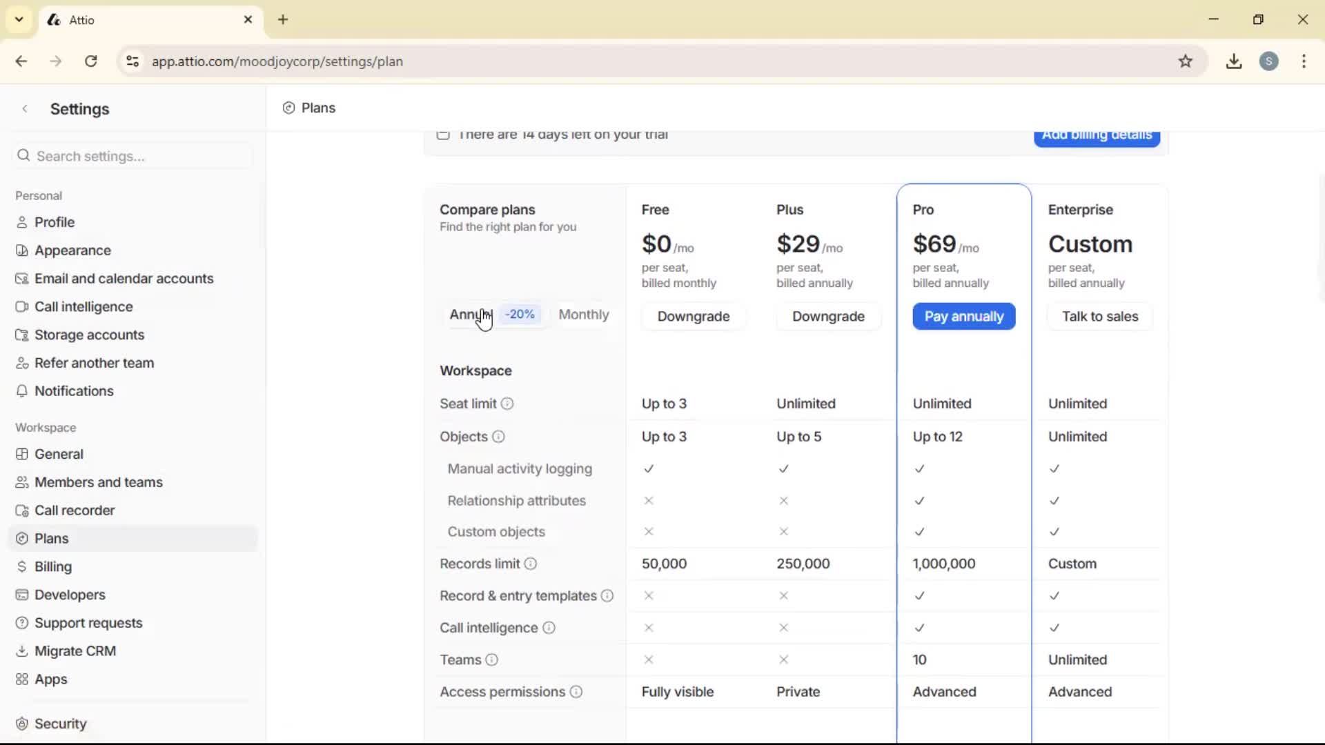 Downgrading your account screenshot