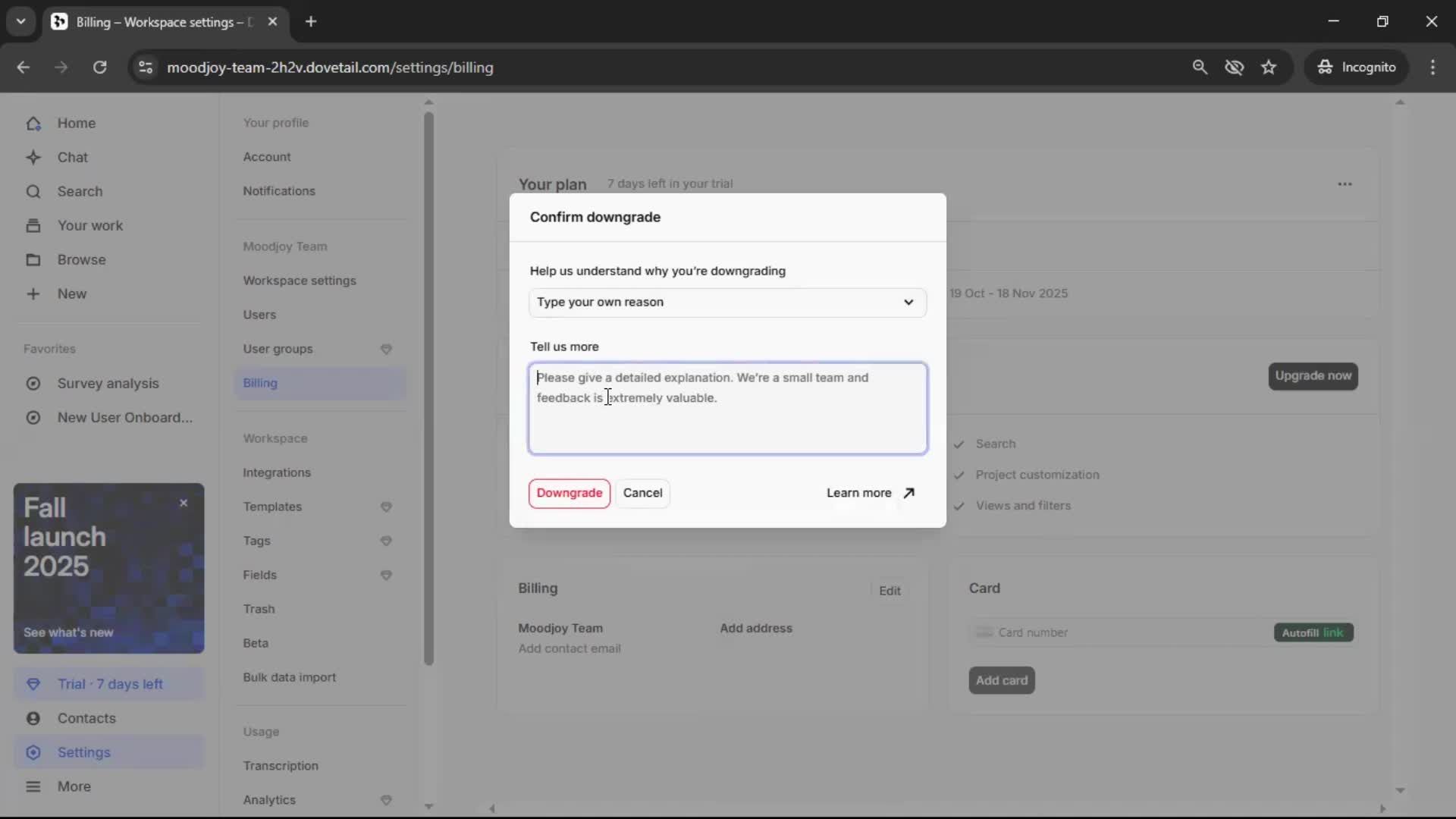 Downgrading your account screenshot